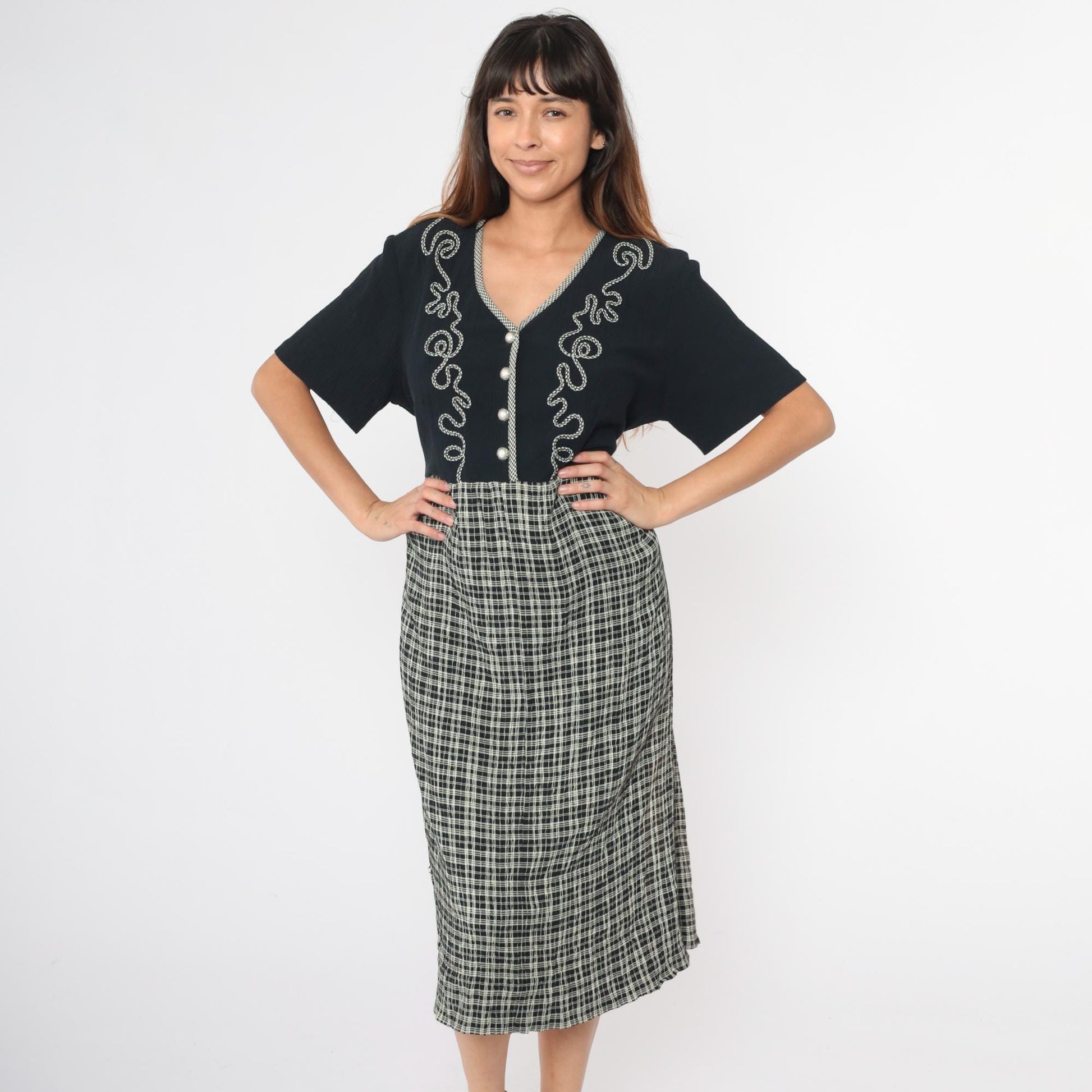 90s Black Plaid Midi Shirtdress High Waist Button Front Soutache Extra Large