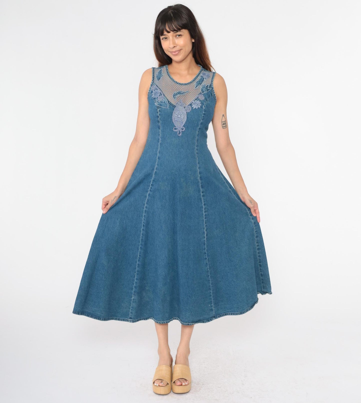 90s Styleworks Denim Dress Floral Appliqué Mesh Neckline Maxi Small