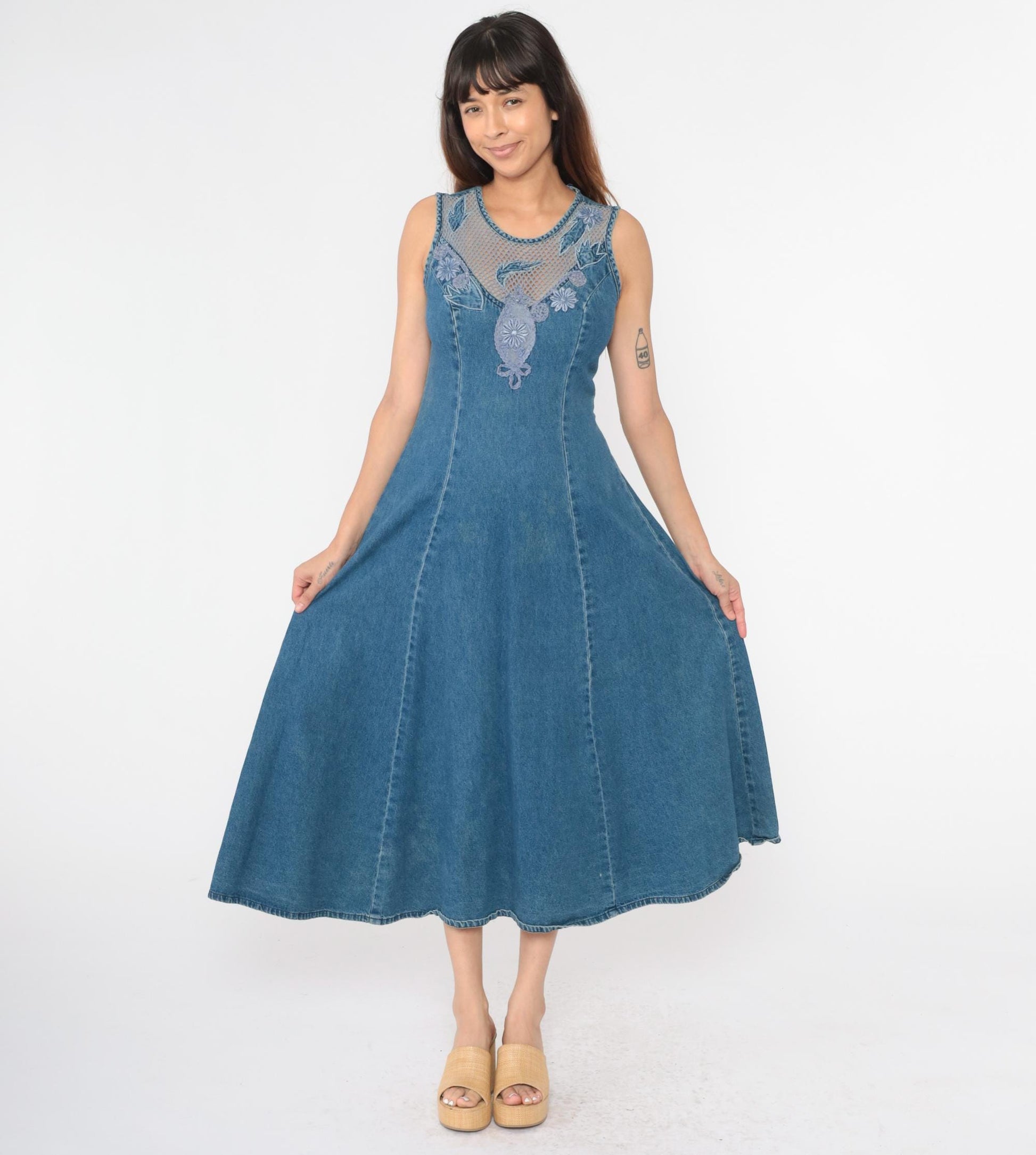 90s Styleworks Denim Dress Floral Appliqué Mesh Neckline Maxi Small