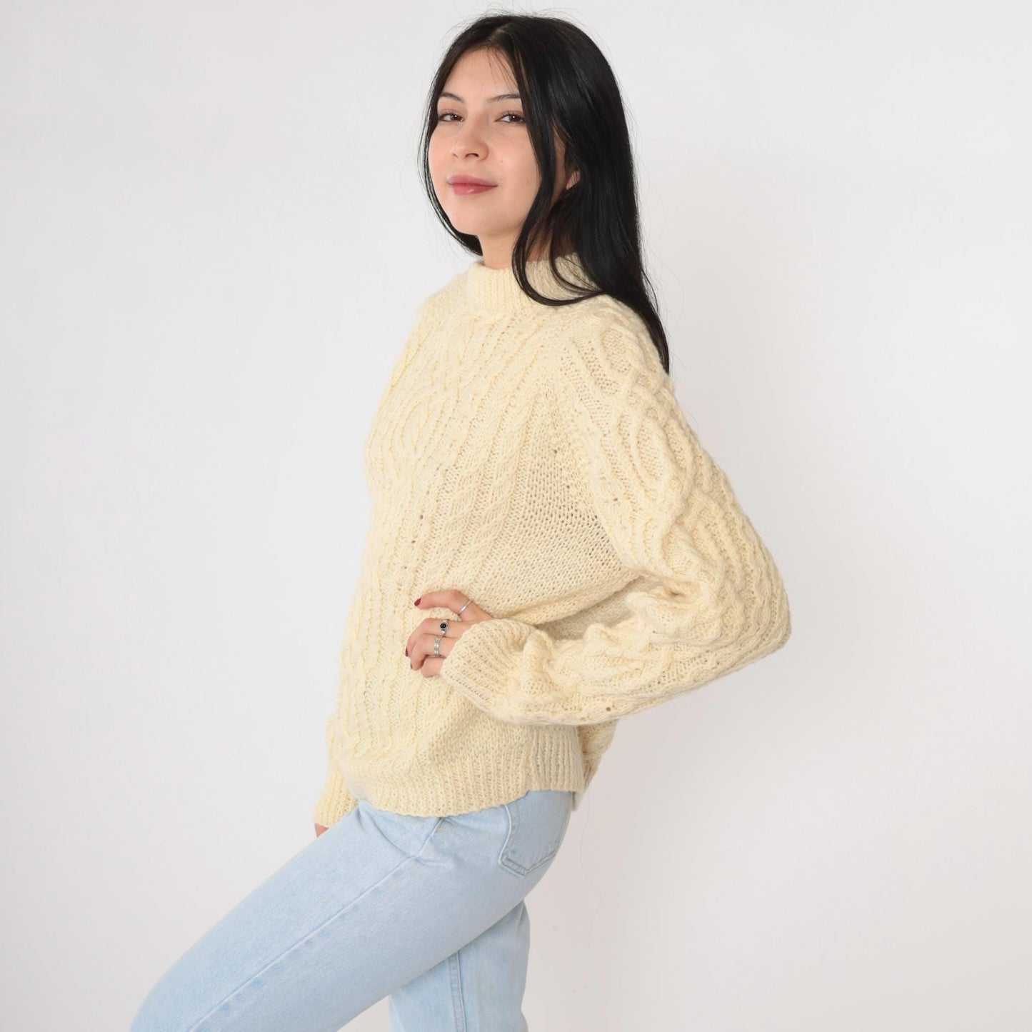 80s Cream Cable Knit Raglan Sweater Mock Neck Pullover Medium
