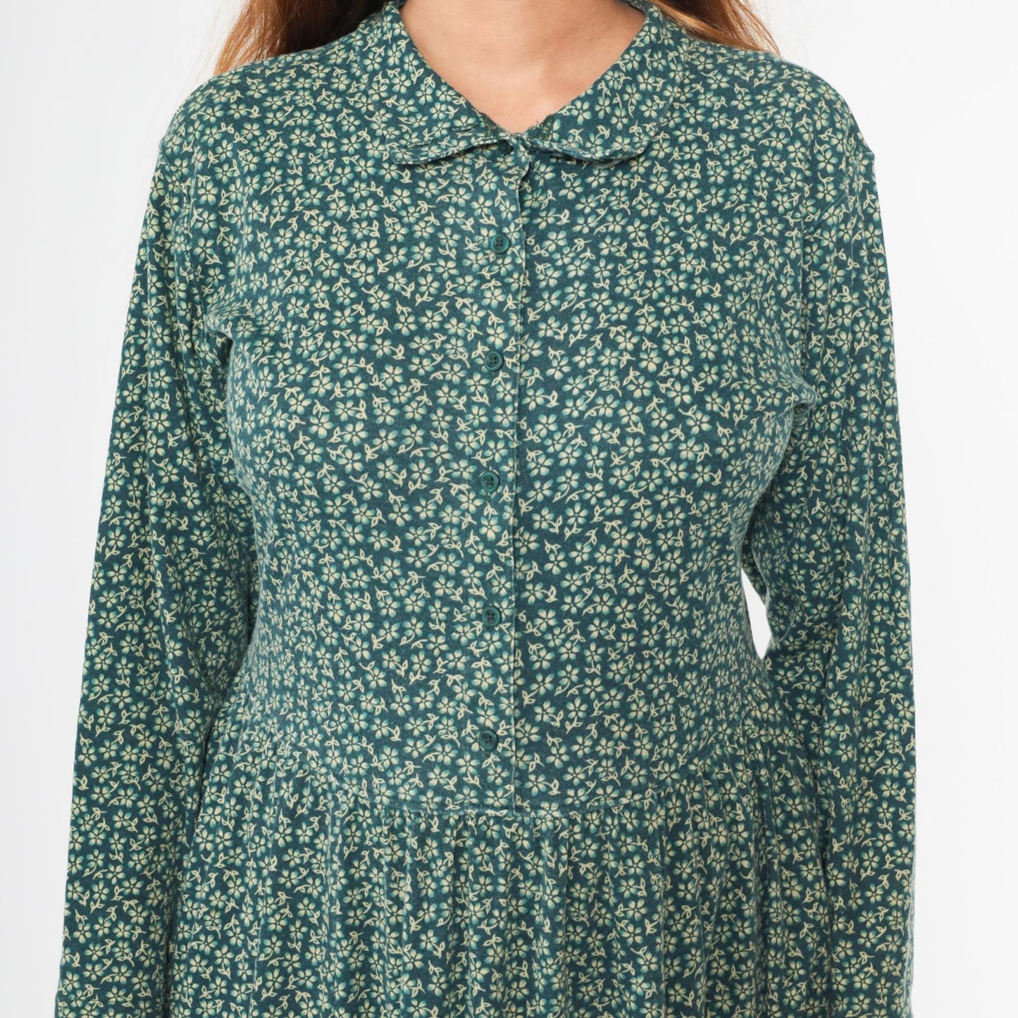 90s L.L. Bean Floral Midi Shirt Dress Green Button-Up Long Sleeve Medium