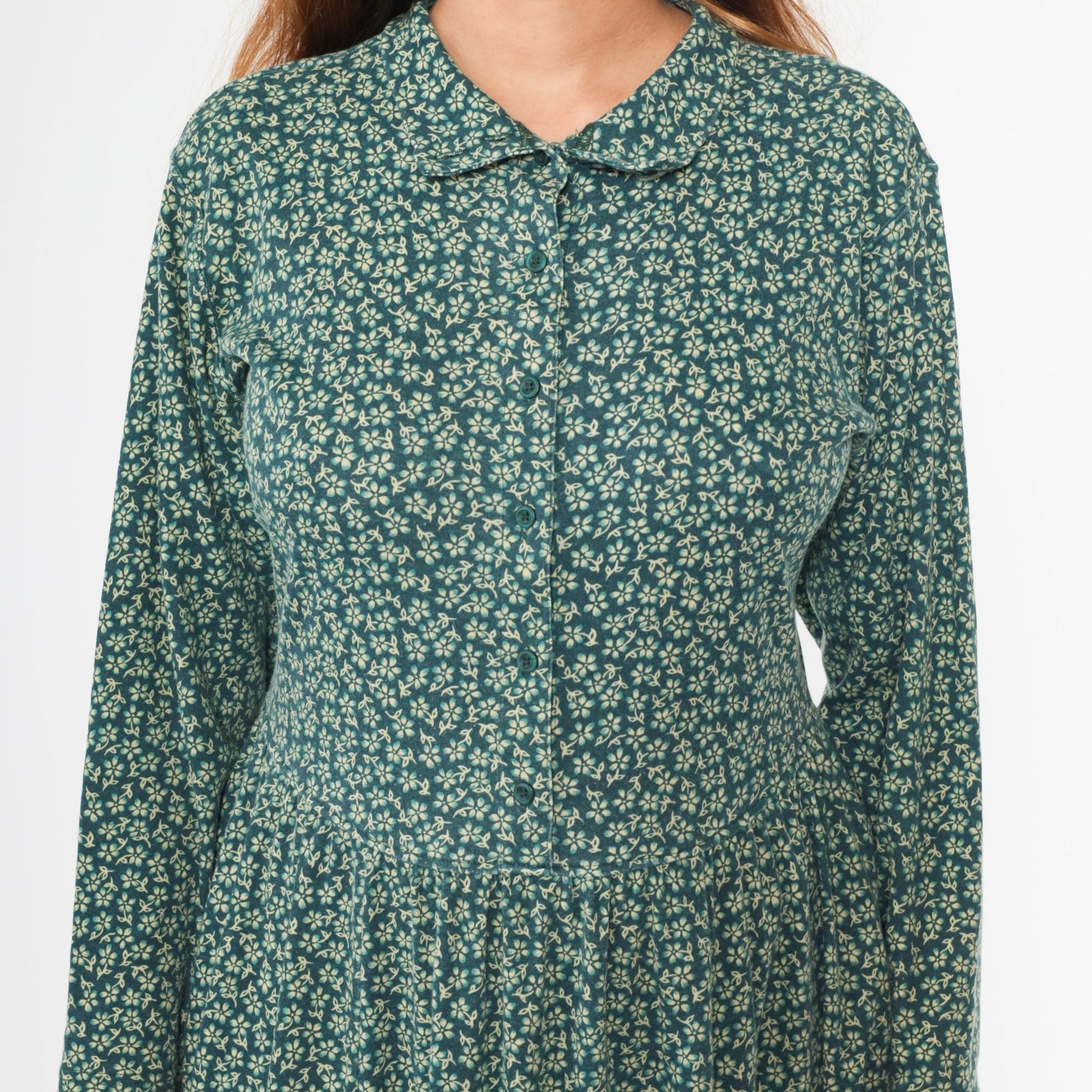 90s L.L. Bean Floral Midi Shirt Dress Green Button-Up Long Sleeve Medium