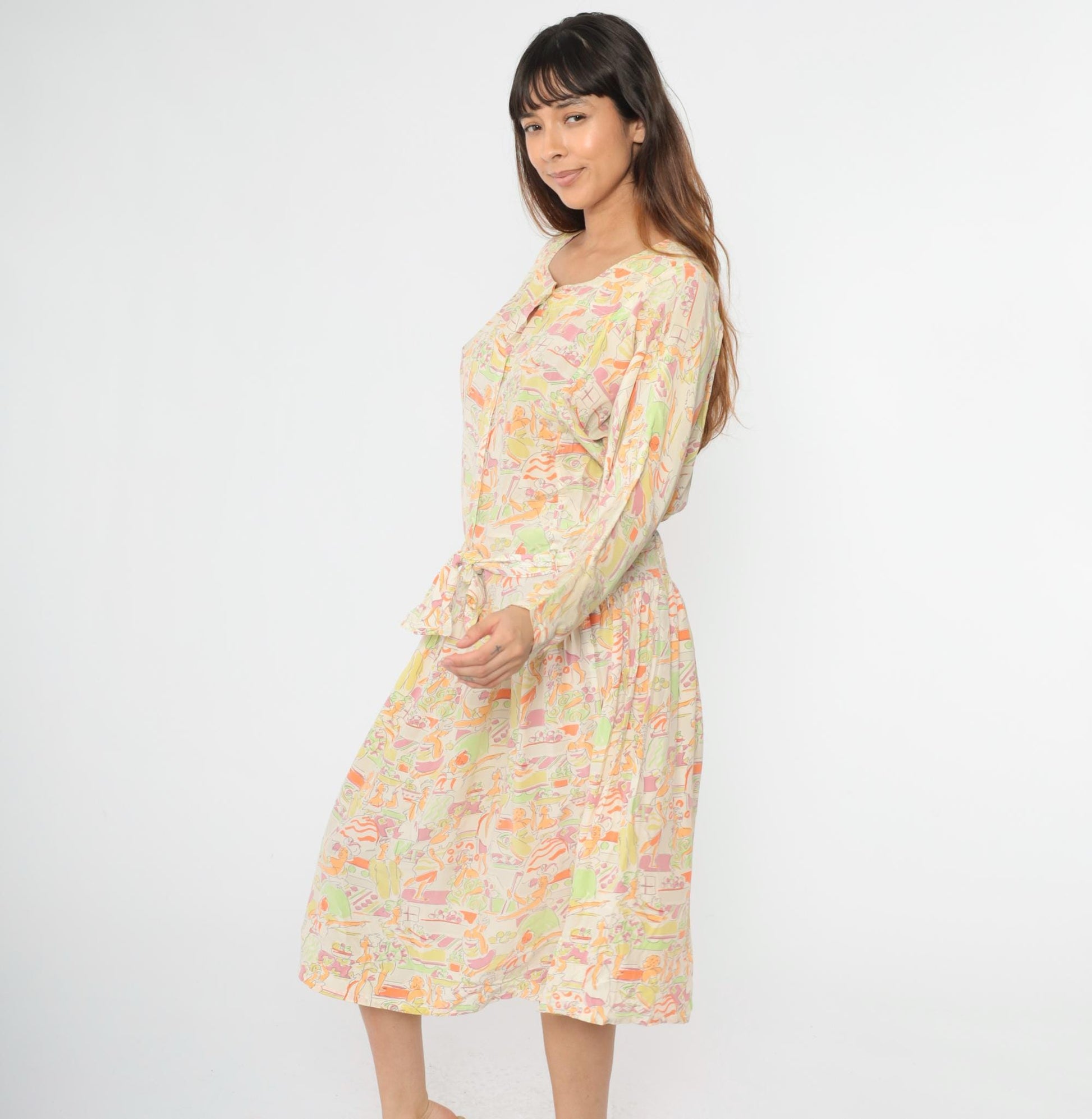 90s Hyper New York Silk Midi Dress Abstract People Print Pastel Medium M