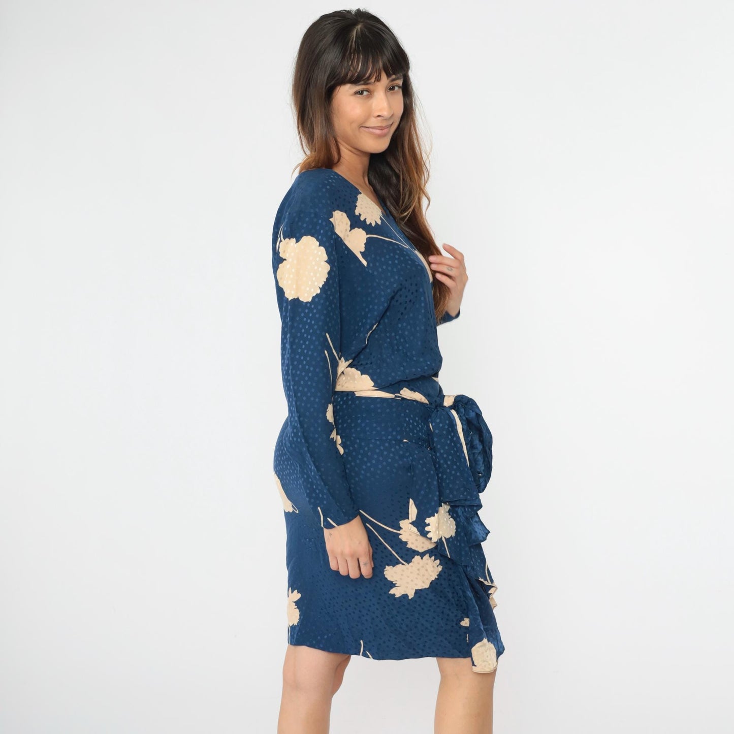 80s Liancarlo Per Cache Silk Midi Dress Navy Floral Peplum Small 4