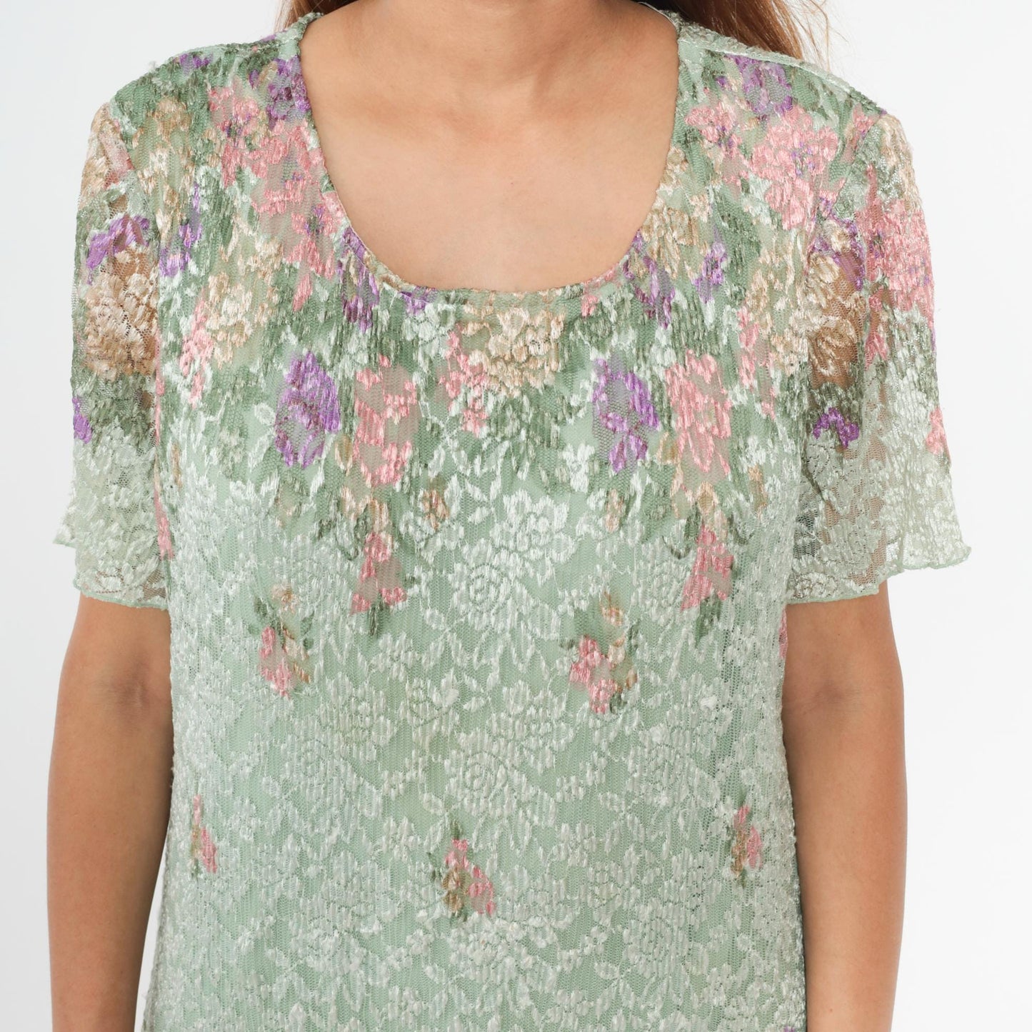 90s Shar Ade of California Pastel Green Floral Lace Maxi Dress Plus Size XXL