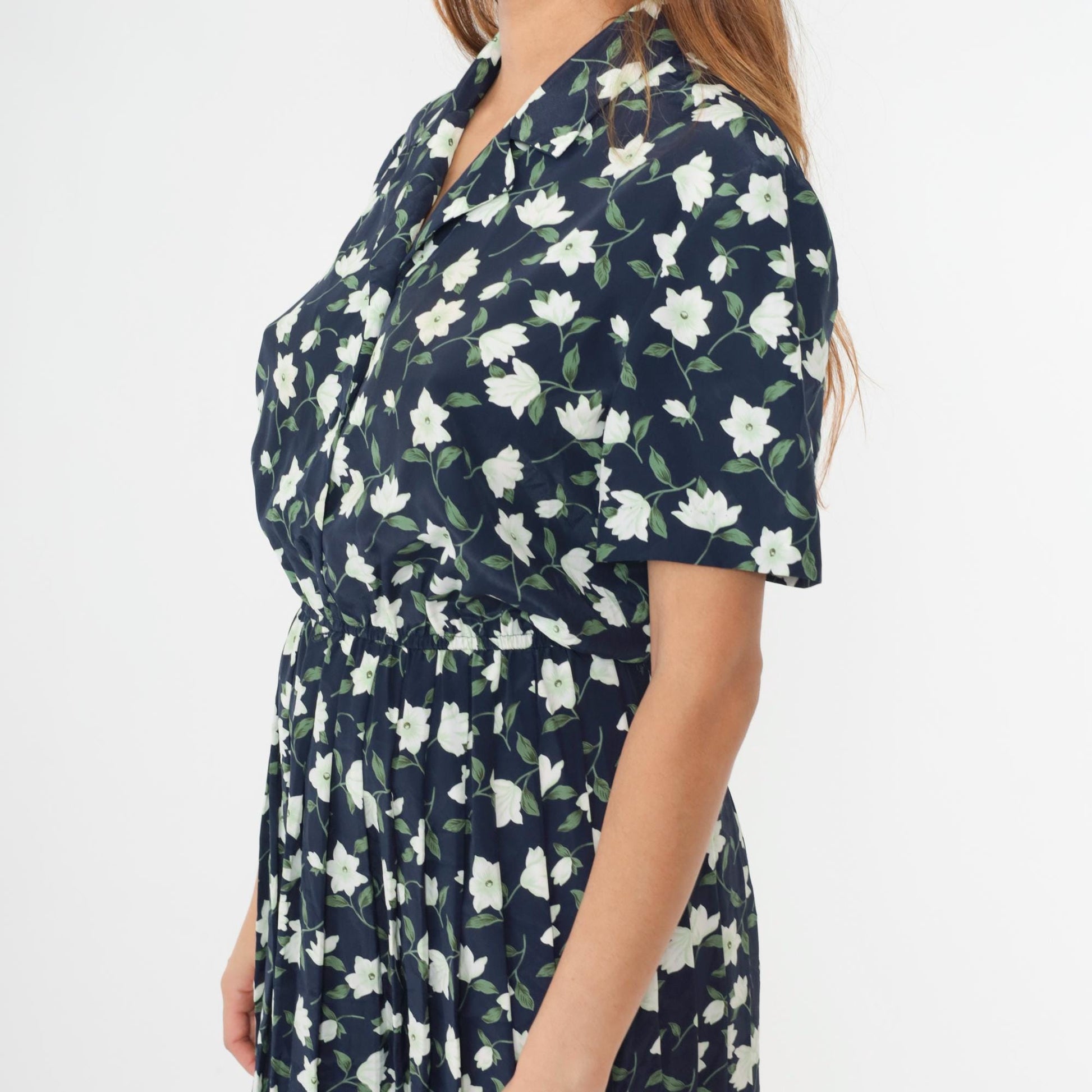 90s Leslie Fay Navy Floral Midi Shirtdress Button-Up Pleated Medium