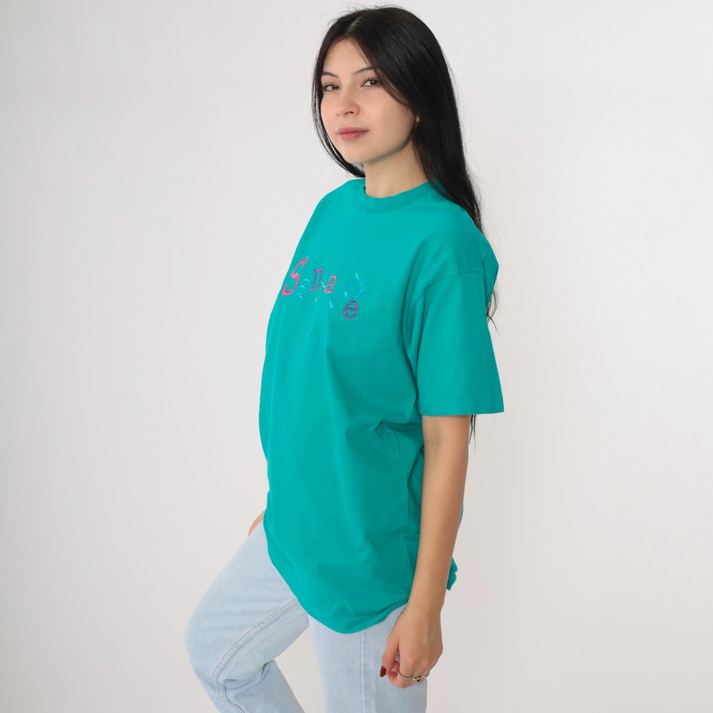 00s Santa Fe Embroidered Graphic T-Shirt Teal Crewneck Cotton Large
