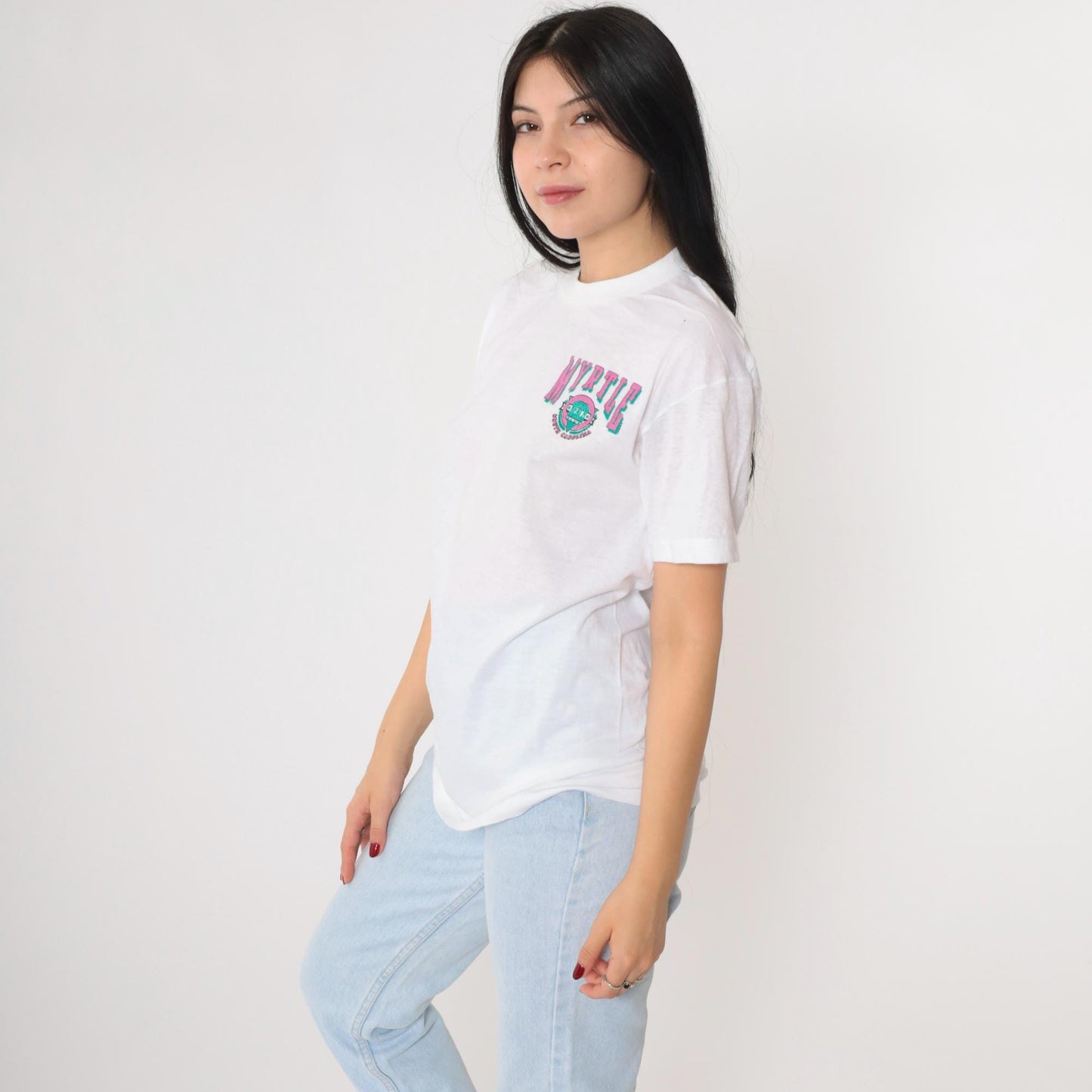 90s Myrtle Beach Graphic T-Shirt White Single Stitch Crewneck Medium