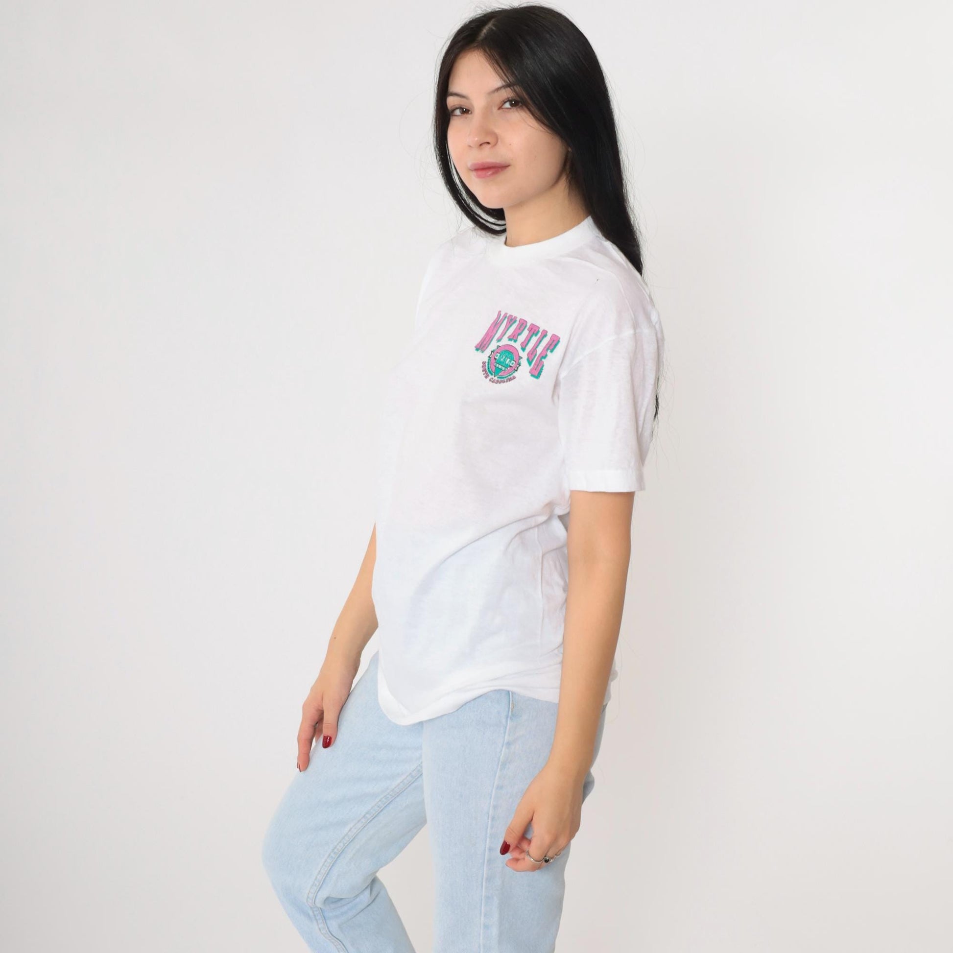 90s Myrtle Beach Graphic T-Shirt White Single Stitch Crewneck Medium
