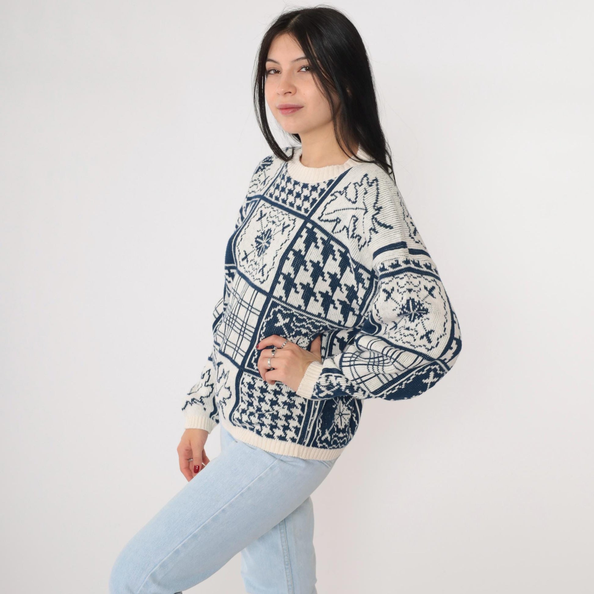 90s Cabin Creek Patchwork Knit Sweater Houndstooth Checkered Crewneck Medium