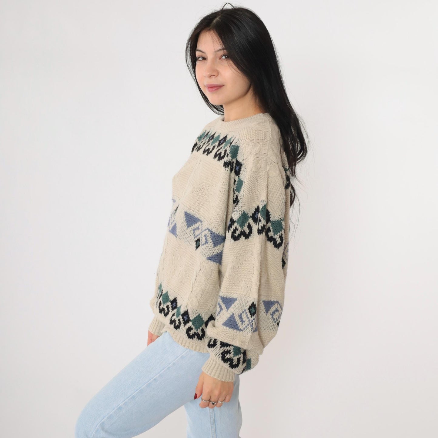 90s Beige Geometric Cable Knit Crewneck Sweater Jacquard Pullover Large L