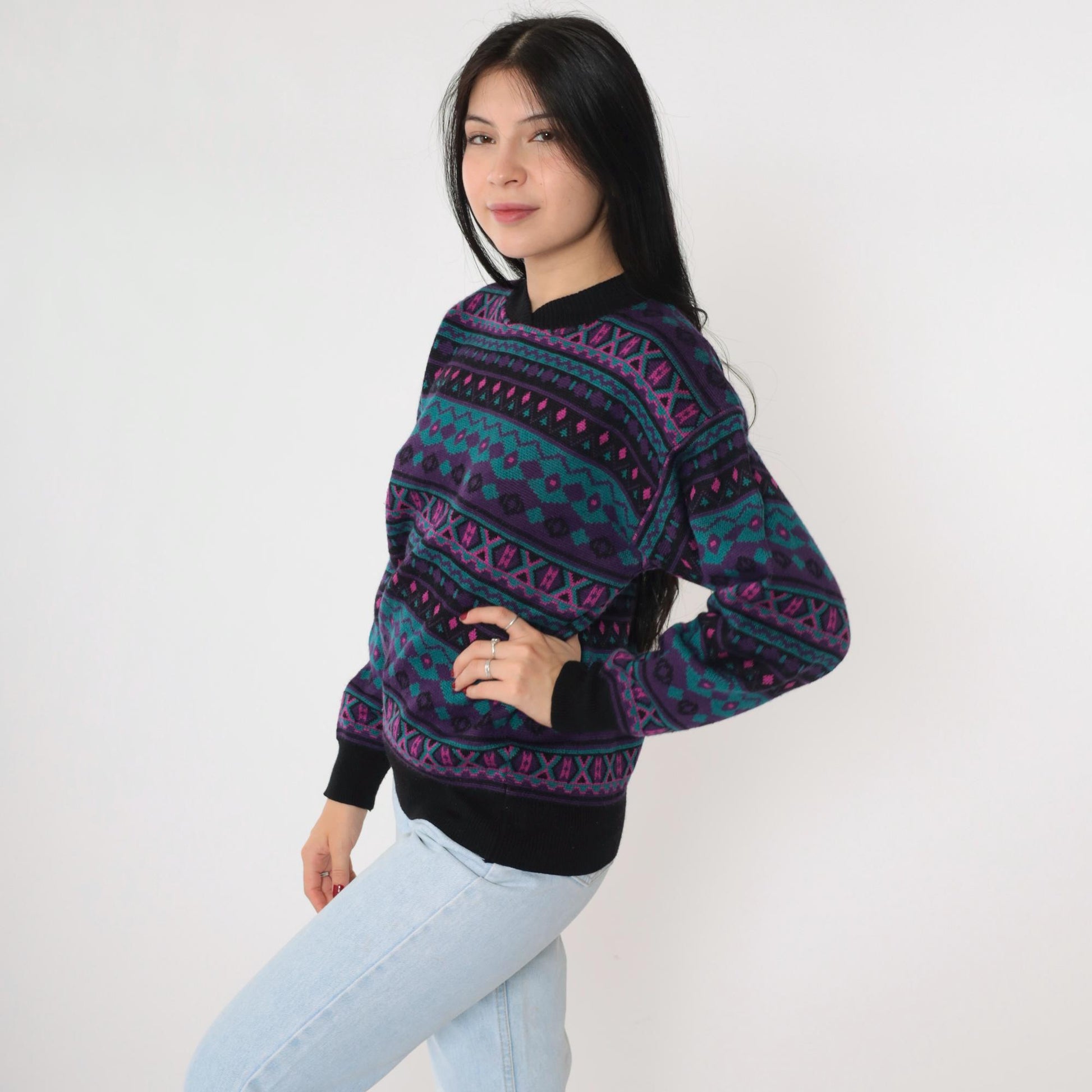 80s Southwestern Geometric Wool Blend Pullover Purple Teal Medium