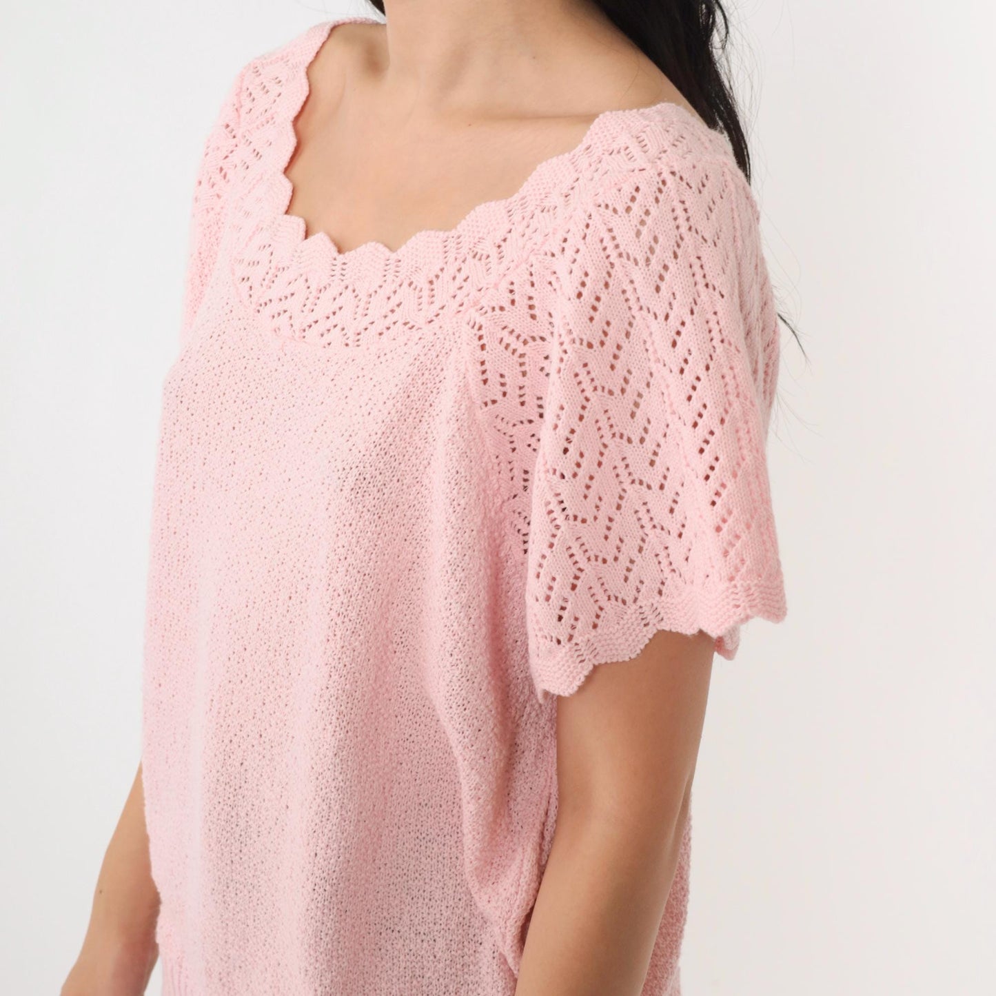 80s Adele Knitwear Baby Pink Pointelle Cutout Knit Top Medium Large