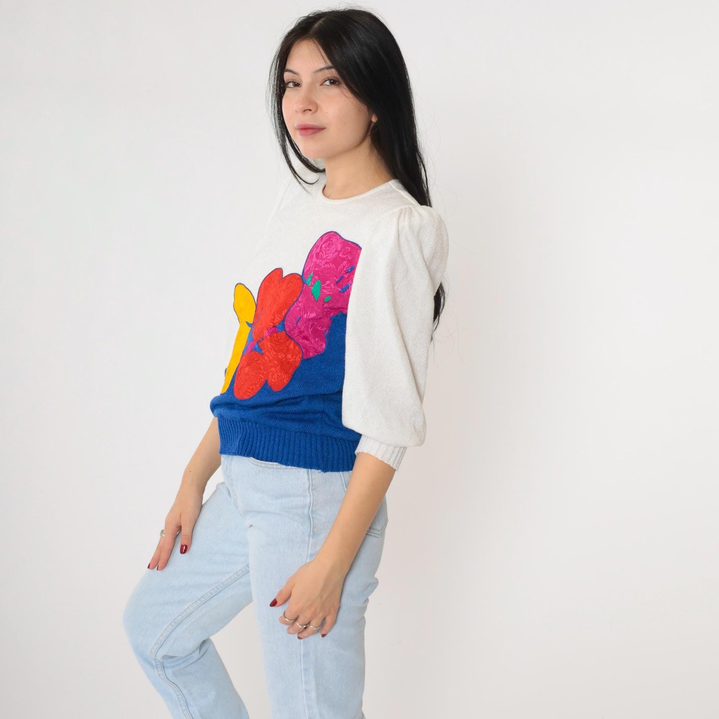 80s White Puff Sleeve Sweater Abstract Floral Embossed Knit Pullover Small