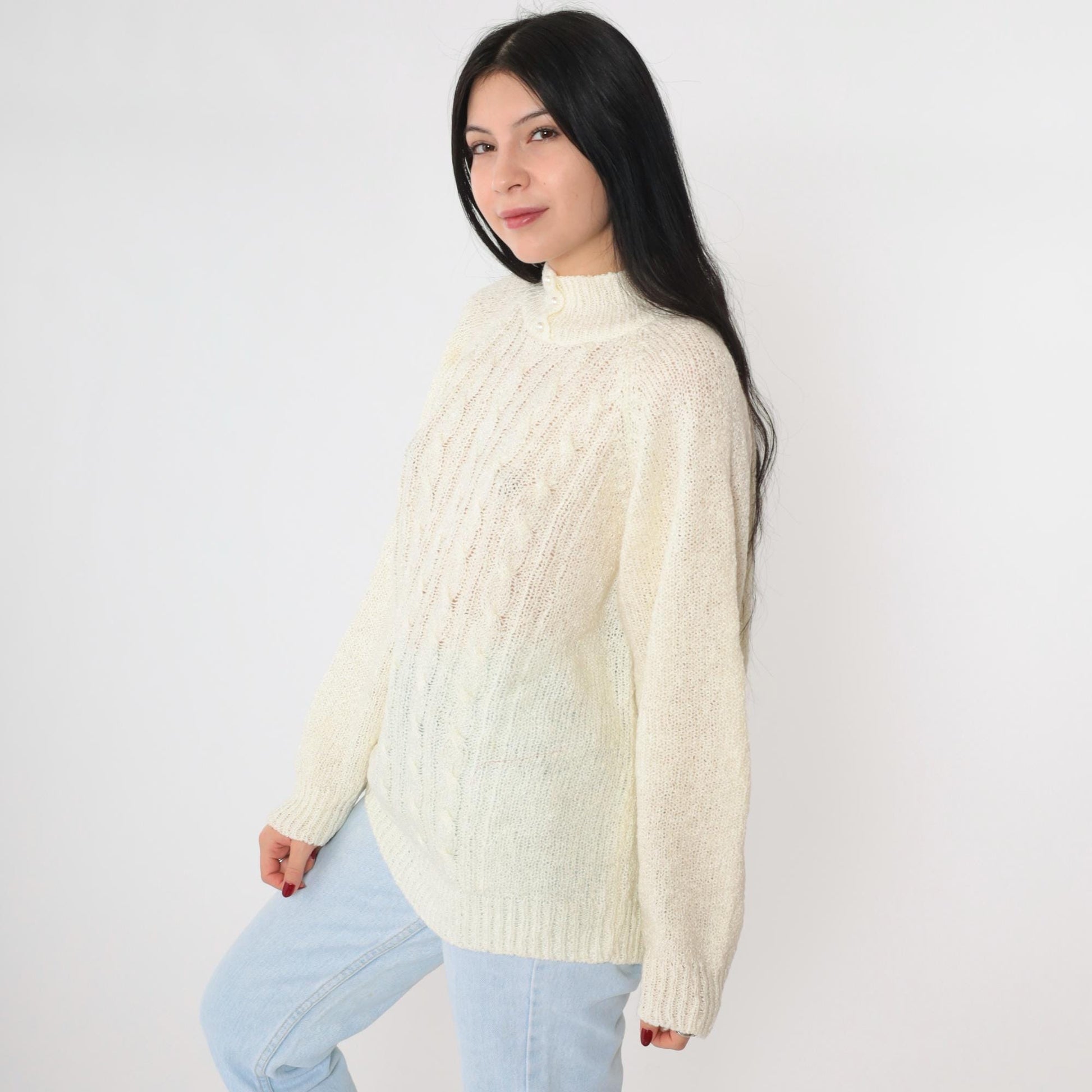 80s Miranda Cable Knit Sweater Cream Mock Neck Pearl Buttons Large L