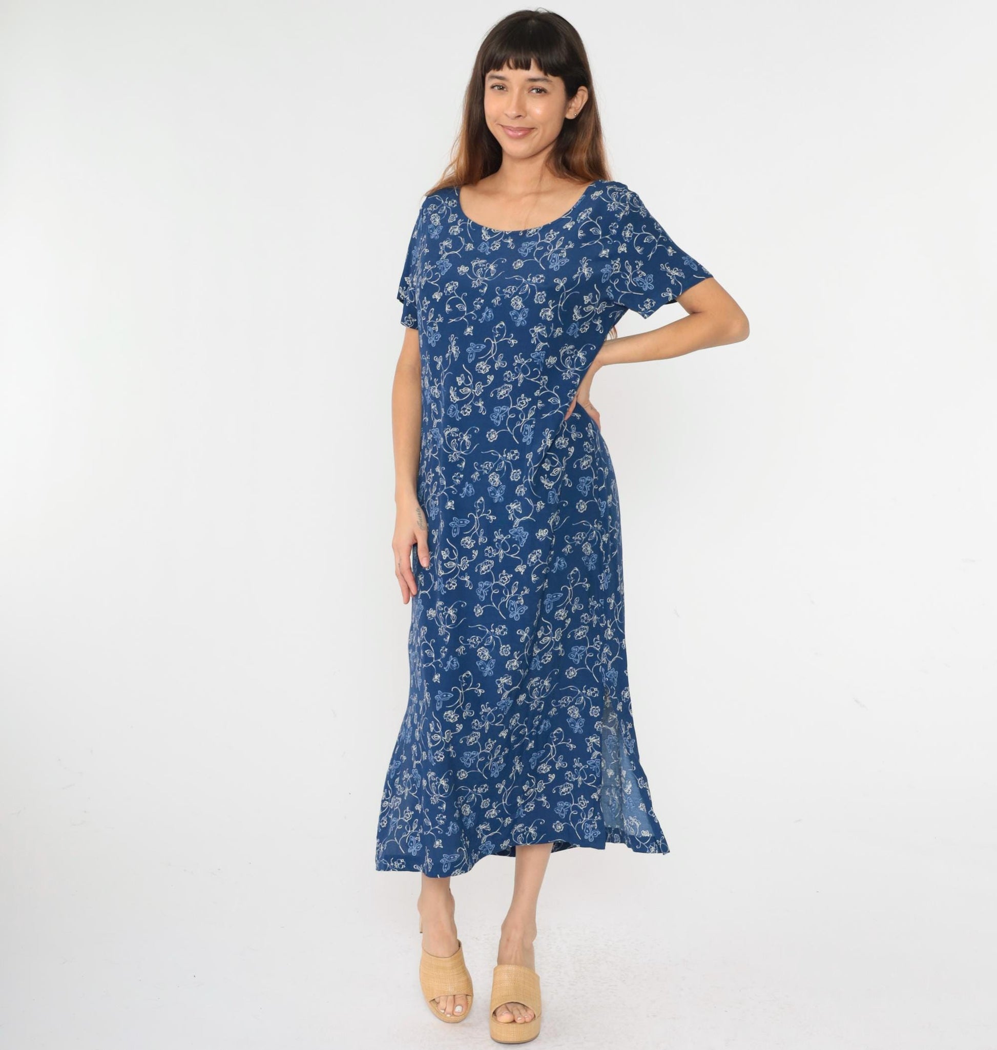 90s Erika Studio Floral Butterfly Maxi Dress Blue Ankle Length Medium