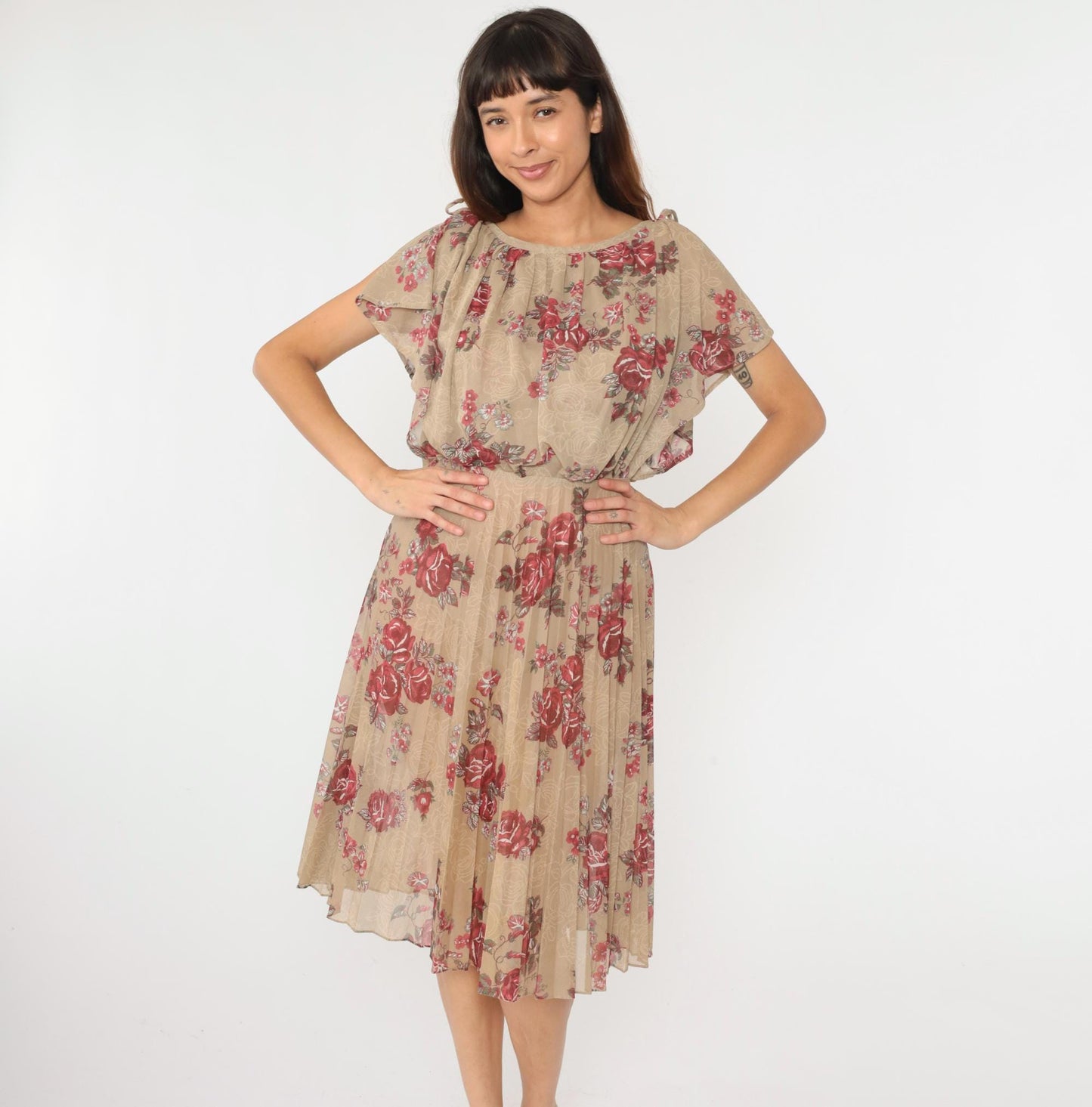 70s Floral Midi Dress Taupe Rose Print High Waist Blouson Flutter Sleeve Small