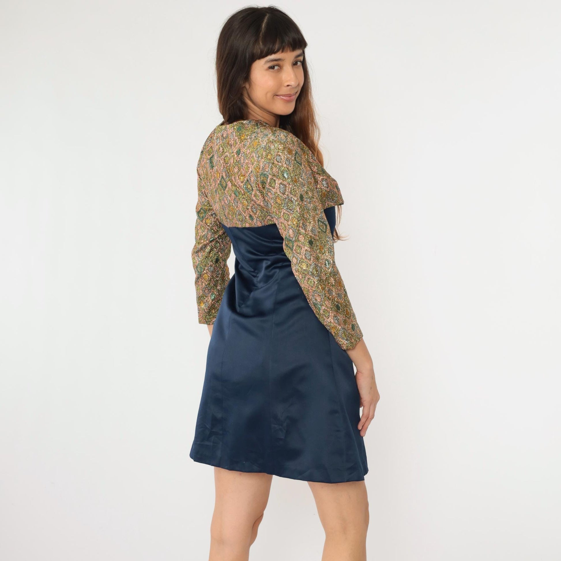 70s Metallic Geometric Bolero Jacket Dress Navy Gold Sheath Small
