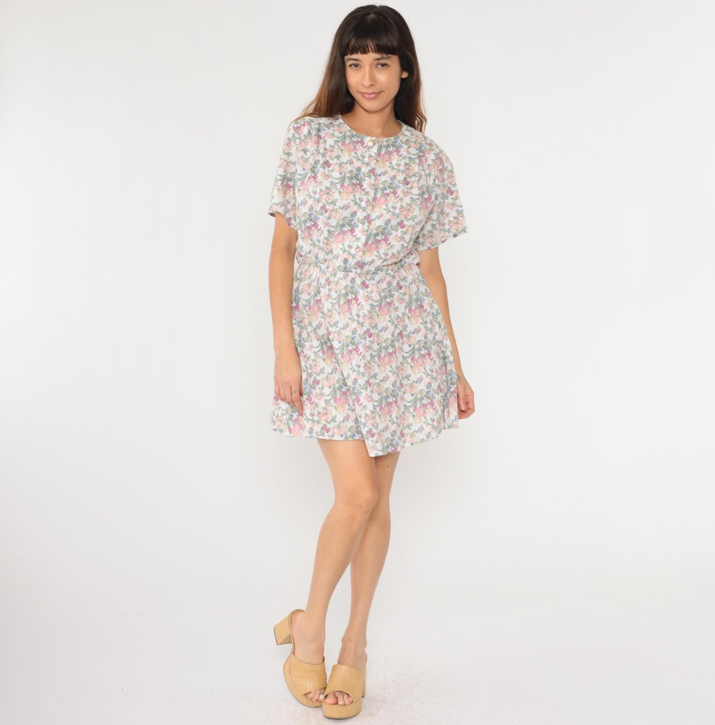 90s White Floral Print Button-Up Shirtdress Elastic Waist Mini Medium Large
