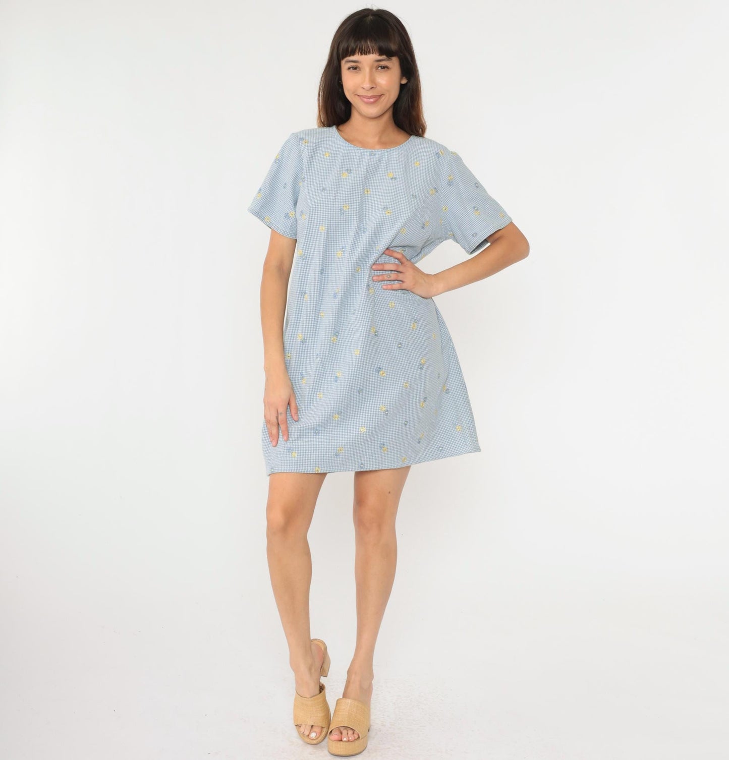90s Blue Gingham Floral Embroidered Mini Shift Dress Cotton Large
