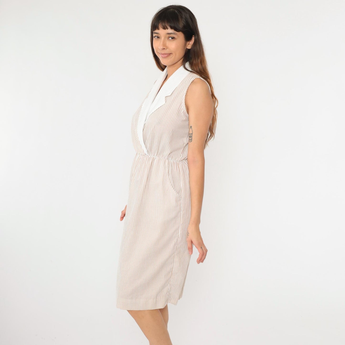 80s Kevin Stuart Seersucker Midi Dress Brown White Striped Collared Small