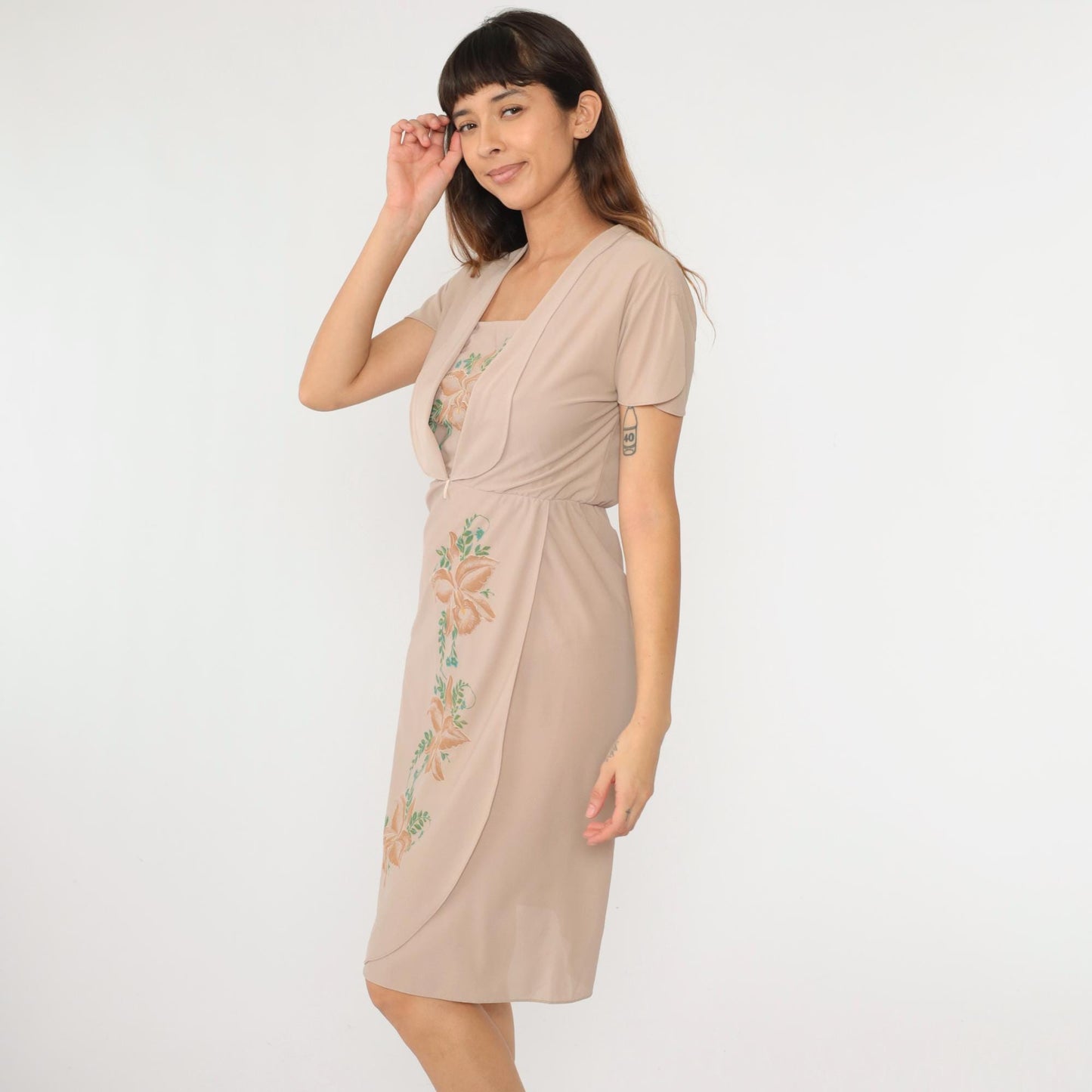 70s Floral Midi Dress Taupe Orchid High Waist Attached Jacket Small