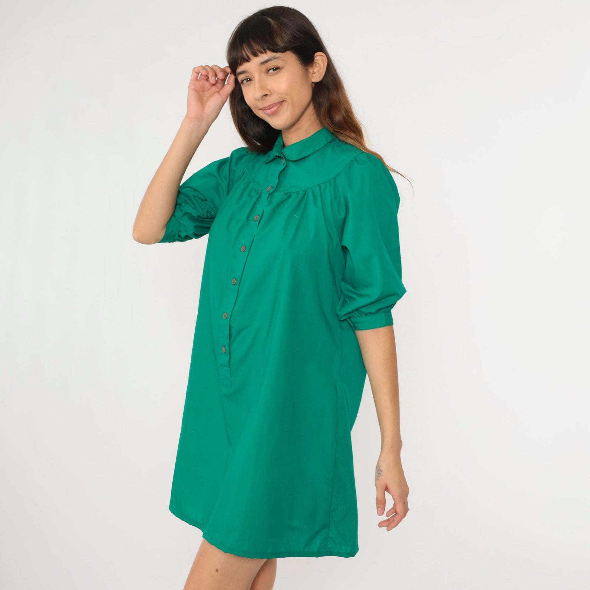 70s Green Yoke Shirtdress Peter Pan Collar Puff Sleeve A-Line Medium