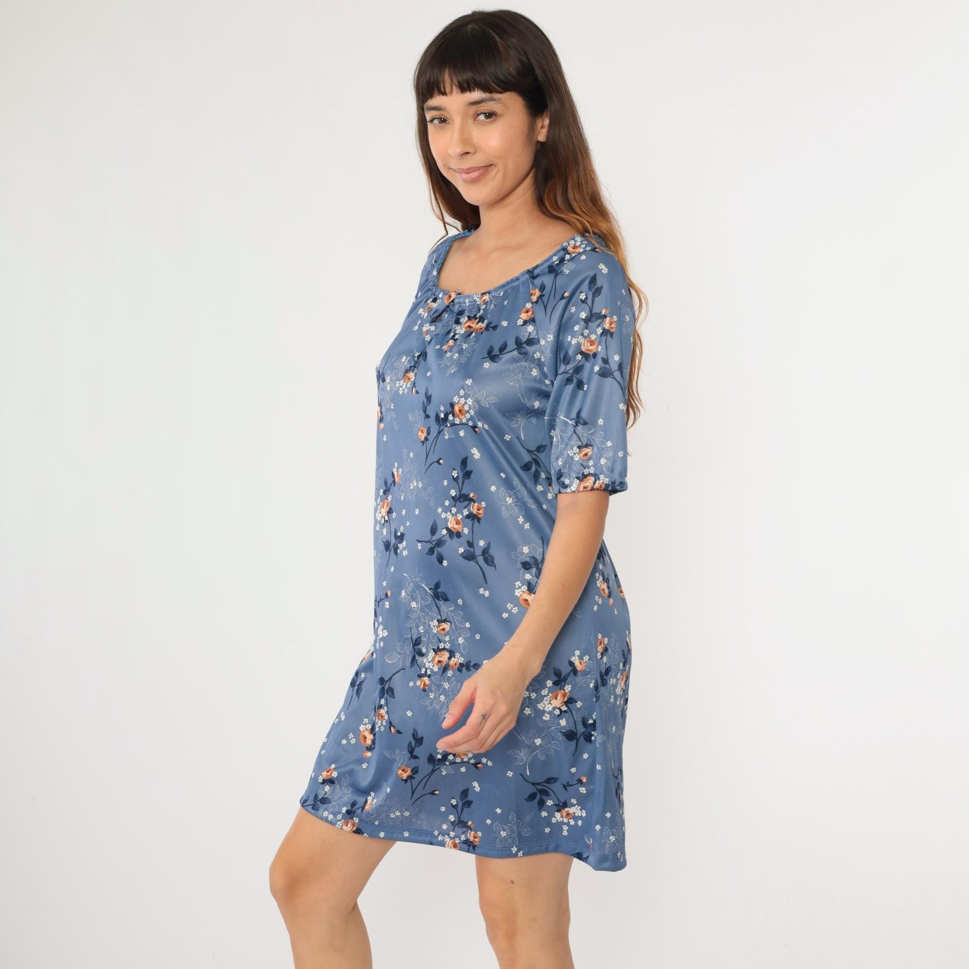 70s Blue Floral Mini Dress Keyhole Neck Shift Short Sleeve Medium Large