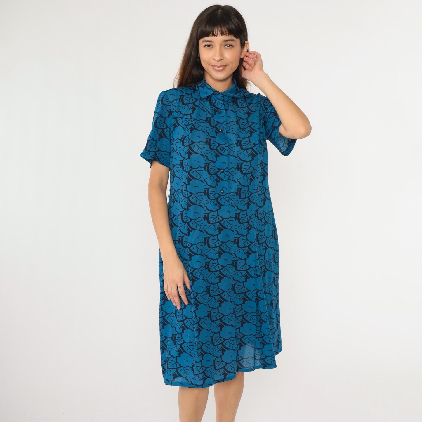 80s Abstract Floral Midi Shirtdress Button-Up Short Sleeve Black Blue Medium Large