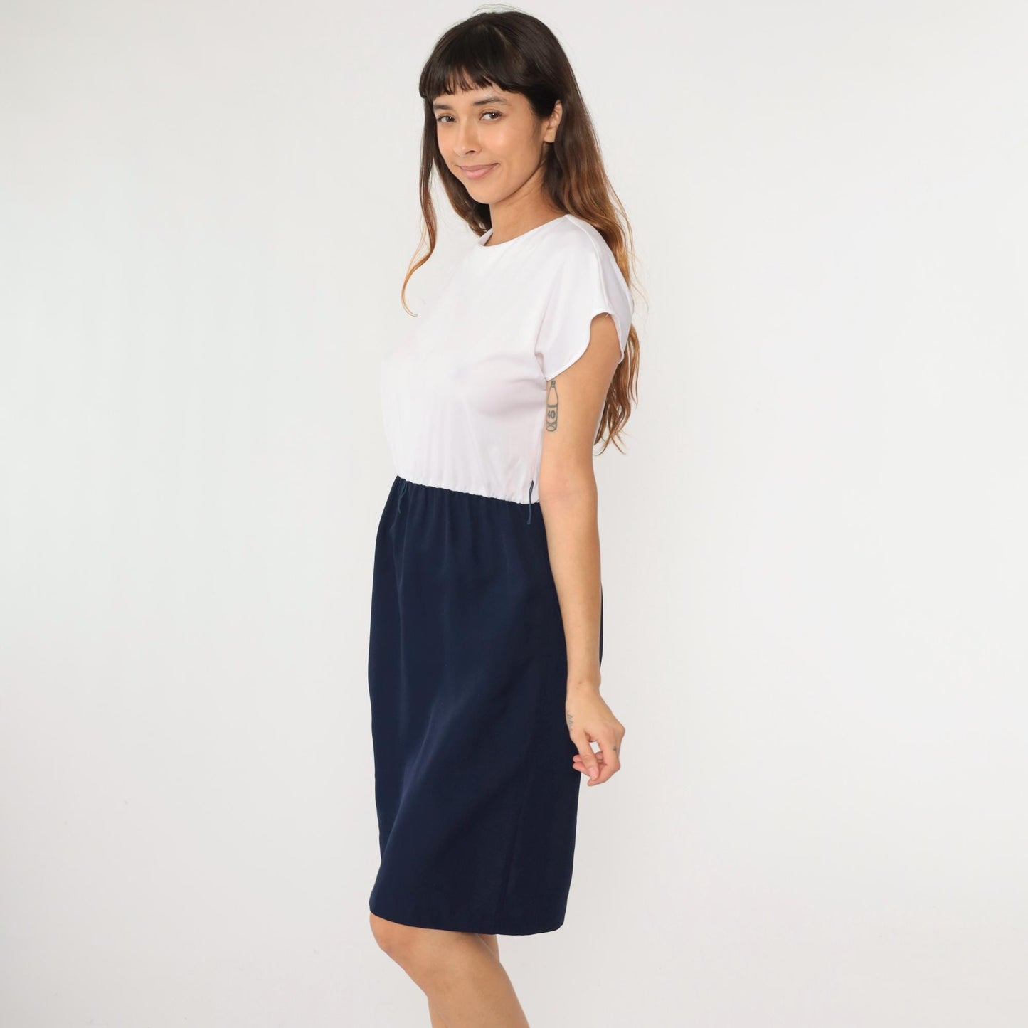 70s Color Block Midi Dress White Navy Cap Sleeve High Waist Medium Petite