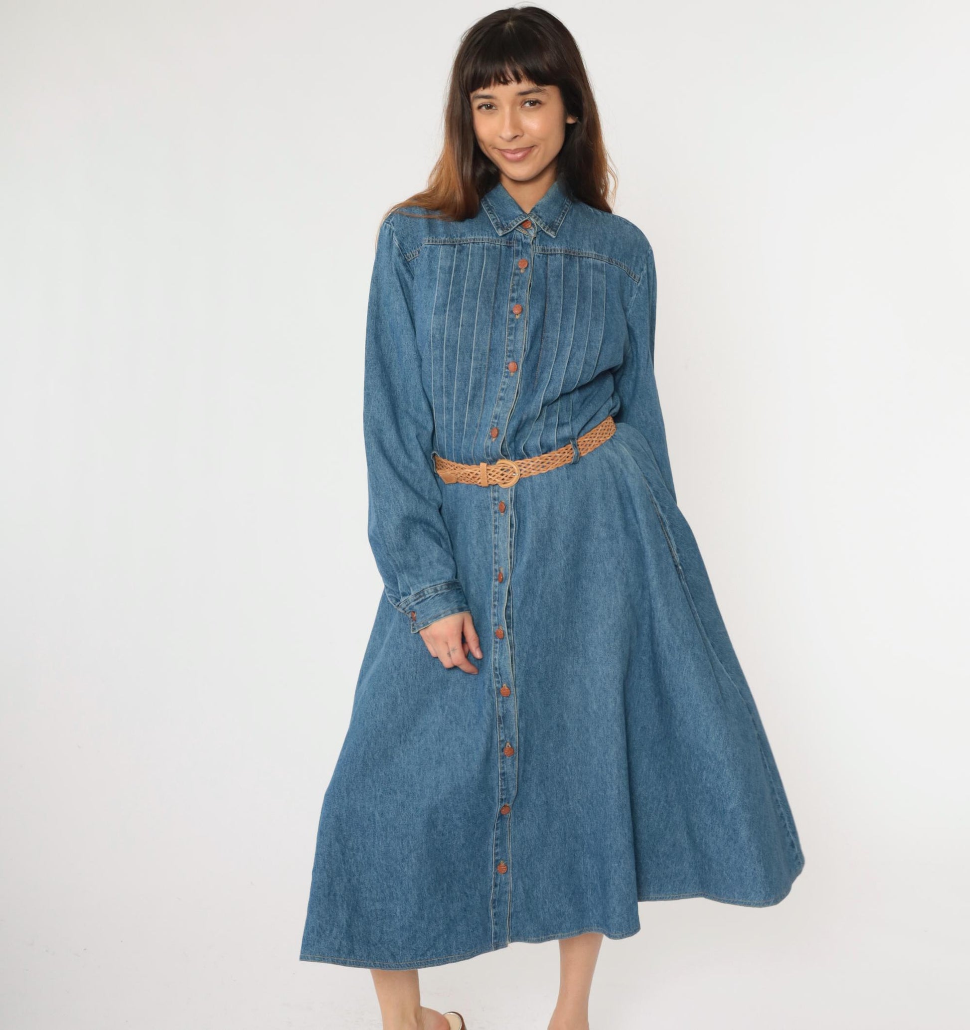 90s Nina Piccalino Denim Midi Shirtdress Blue High Waist Pleated Large 14
