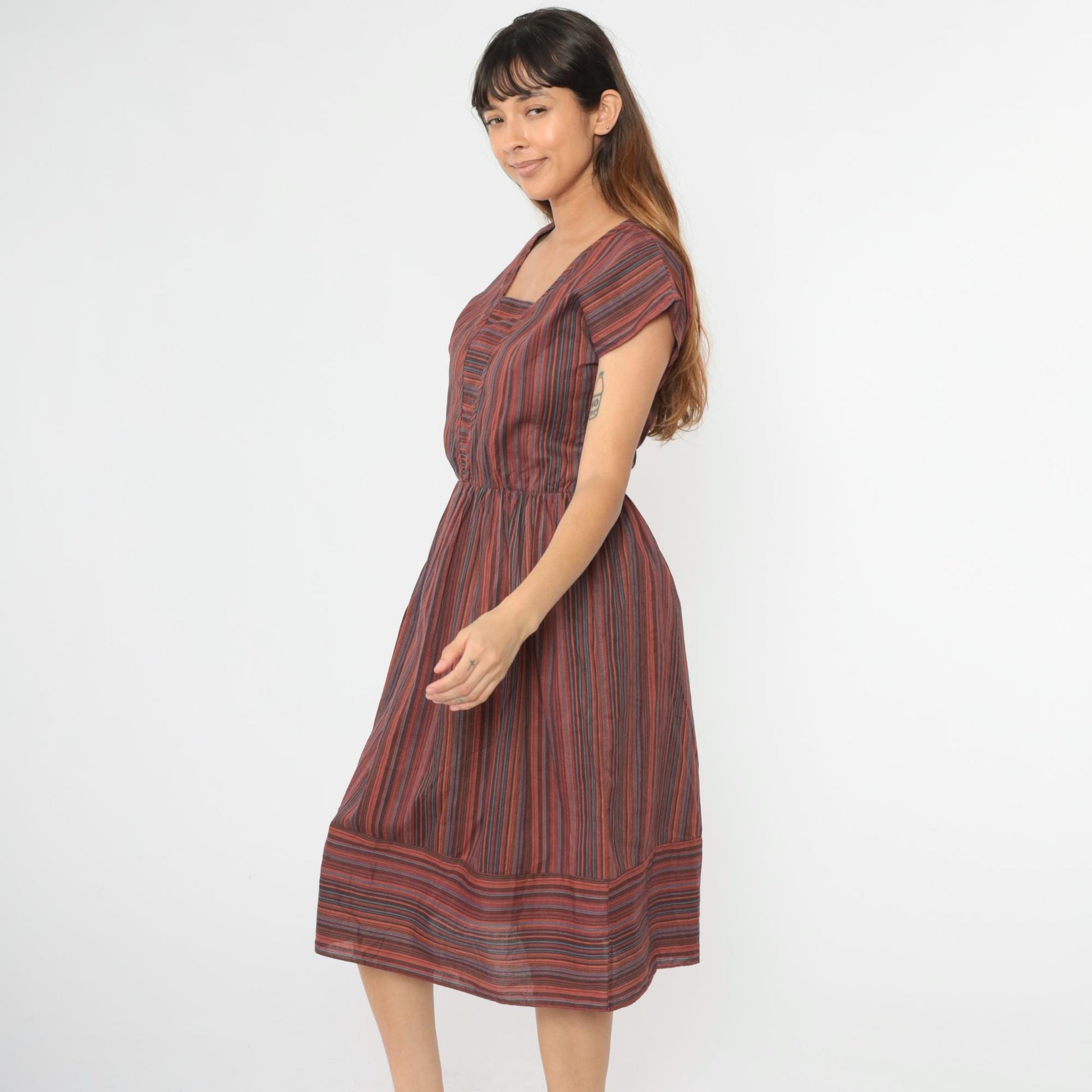 80s Multicolor Striped Midi Dress Keyhole Back Square Neck Cap Sleeve Medium