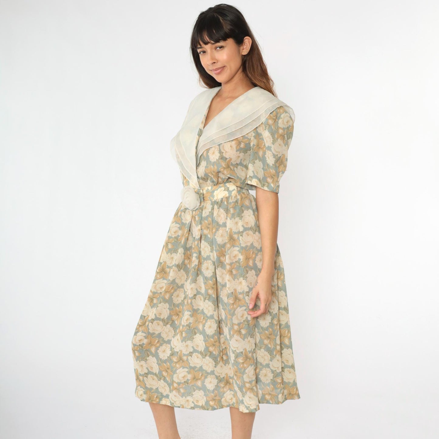 90s Leslie Fay Floral Midi Wrap Dress Puff Sleeve Shawl Collar Medium