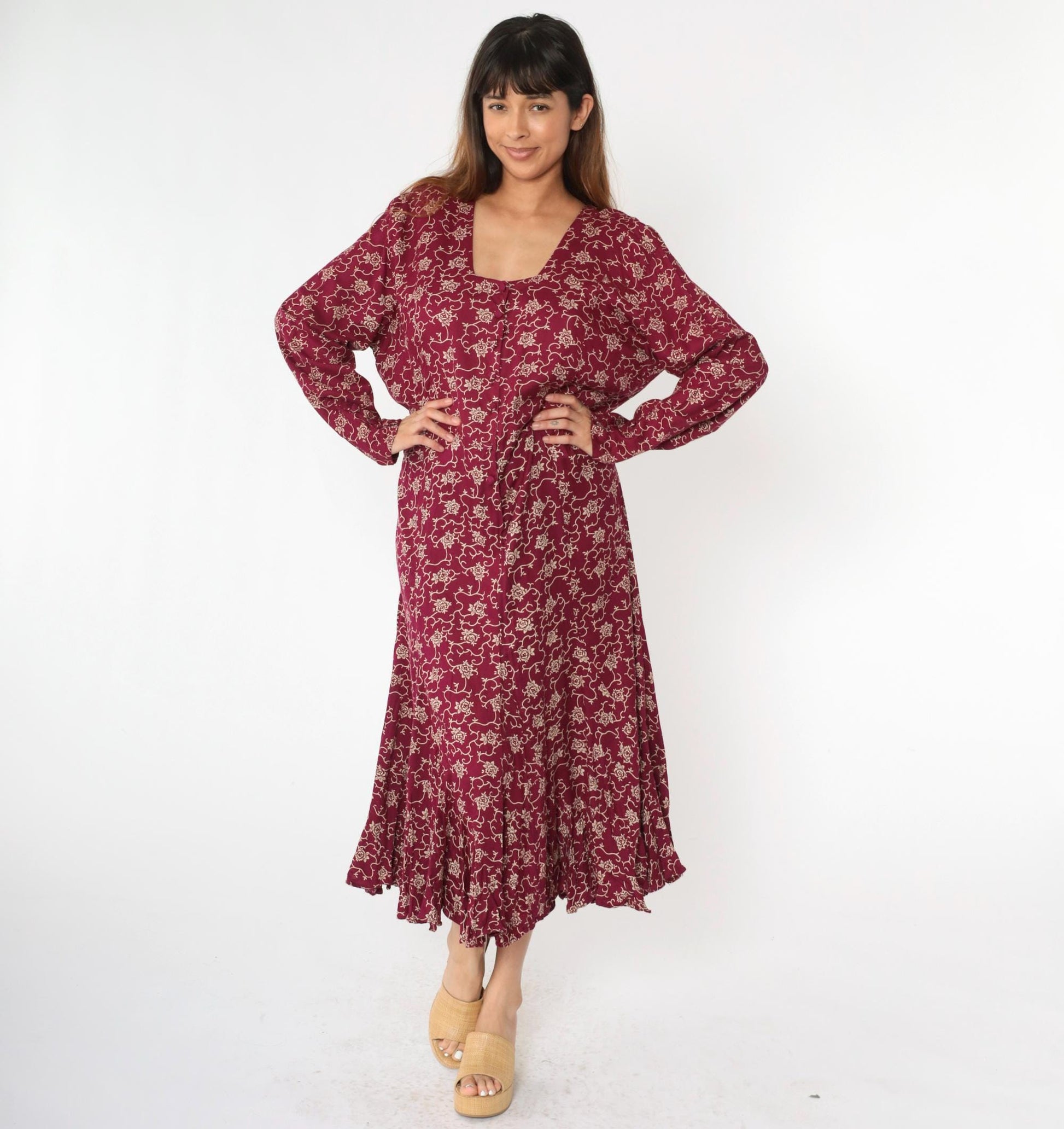 90s Burgundy Floral Maxi Dress Button-Up Long Sleeve Square Neck Extra Large XXL