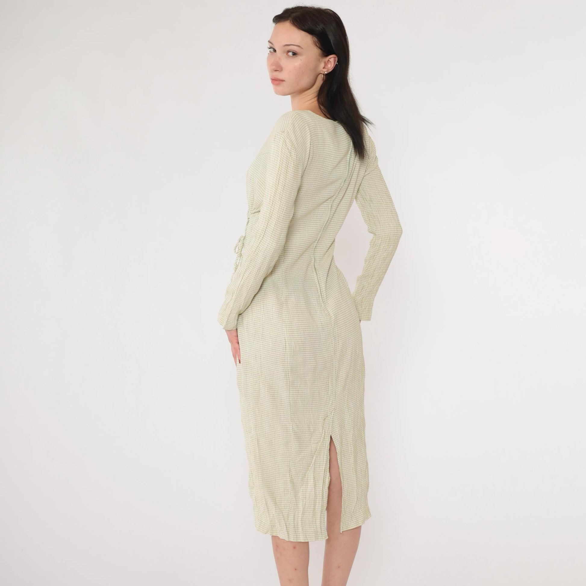 90s Sage Green Gingham Midi Dress Lace-Up Sides Princess Seams Small