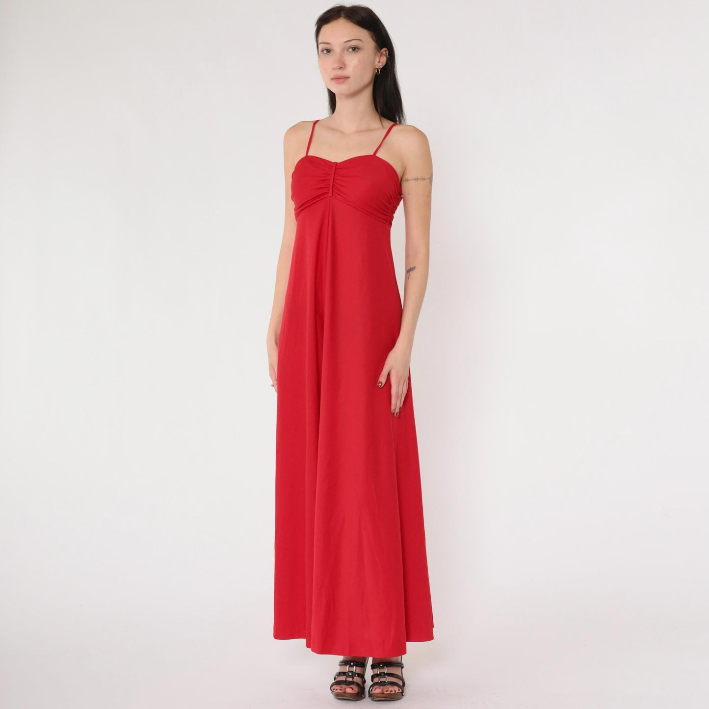 70s Red Maxi Dress Empire Waist Spaghetti Strap Gathered Bodice Extra Small