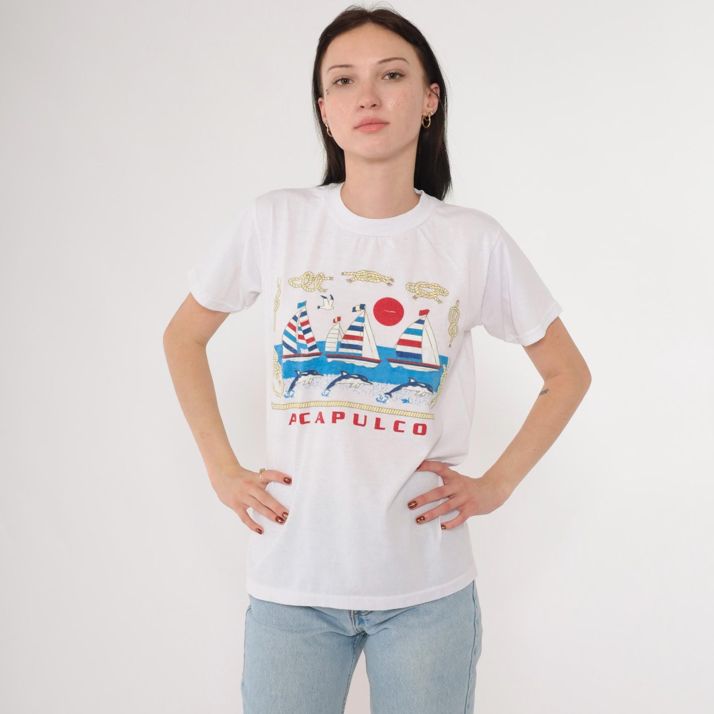 90s Acapulco Mexico Dolphin Nautical Graphic T-Shirt White Medium