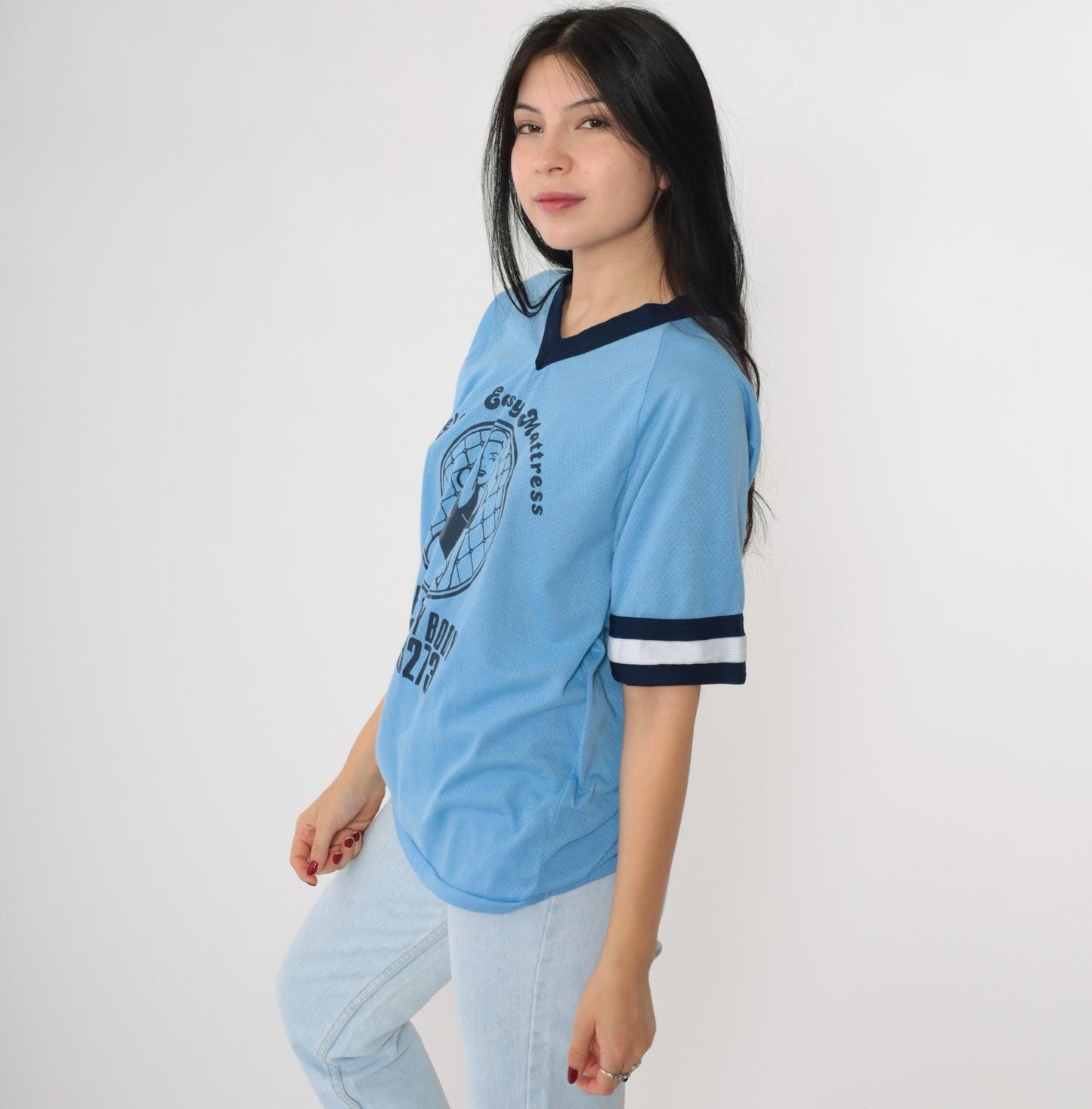 80s Sleep Easy Mattress Baseball Jersey Blue Mesh Raglan Ringer Tee Medium
