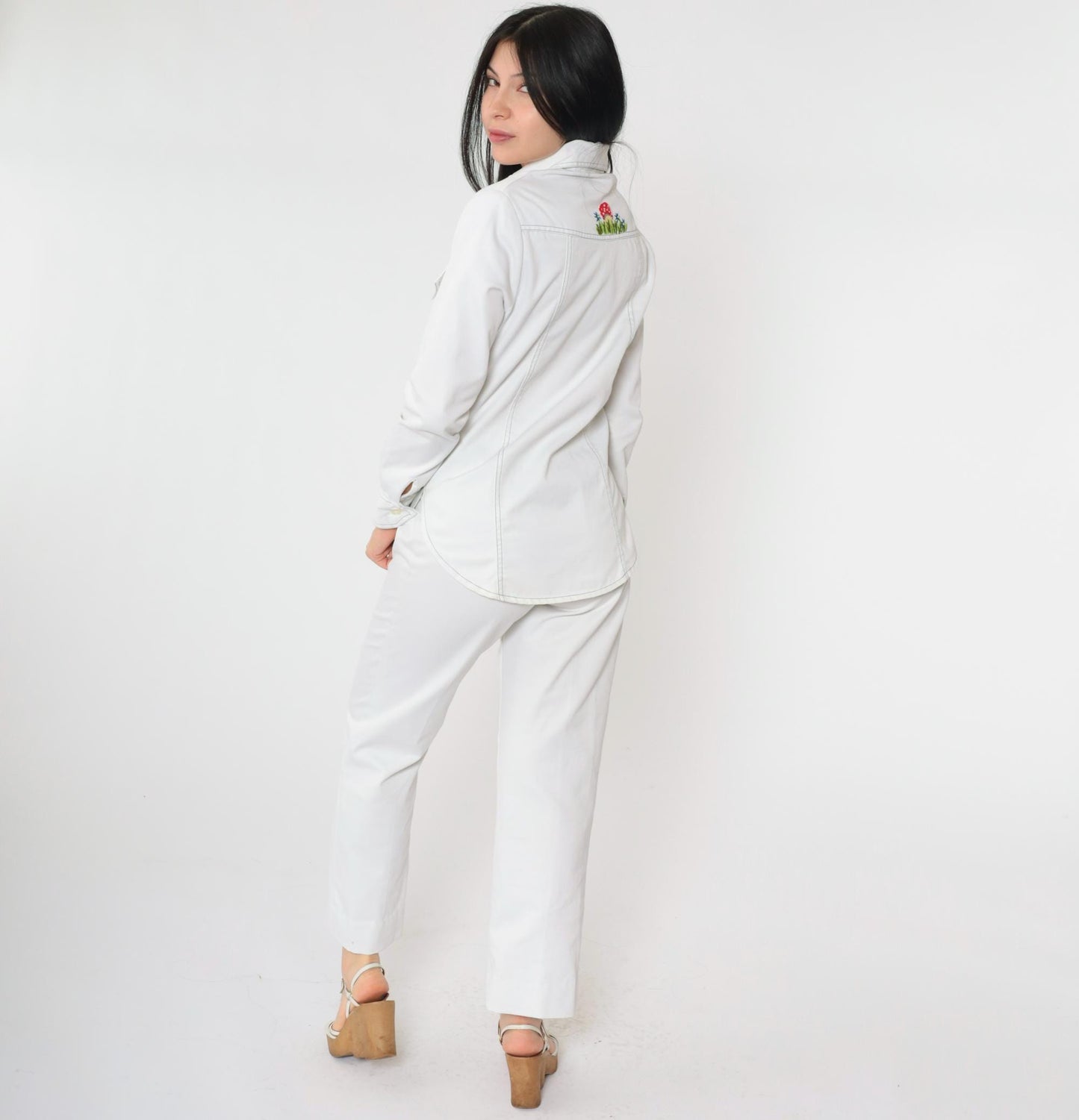 70s Andi Luv Embroidered Mushroom Two Piece Set White Cotton Blouse Pants Small