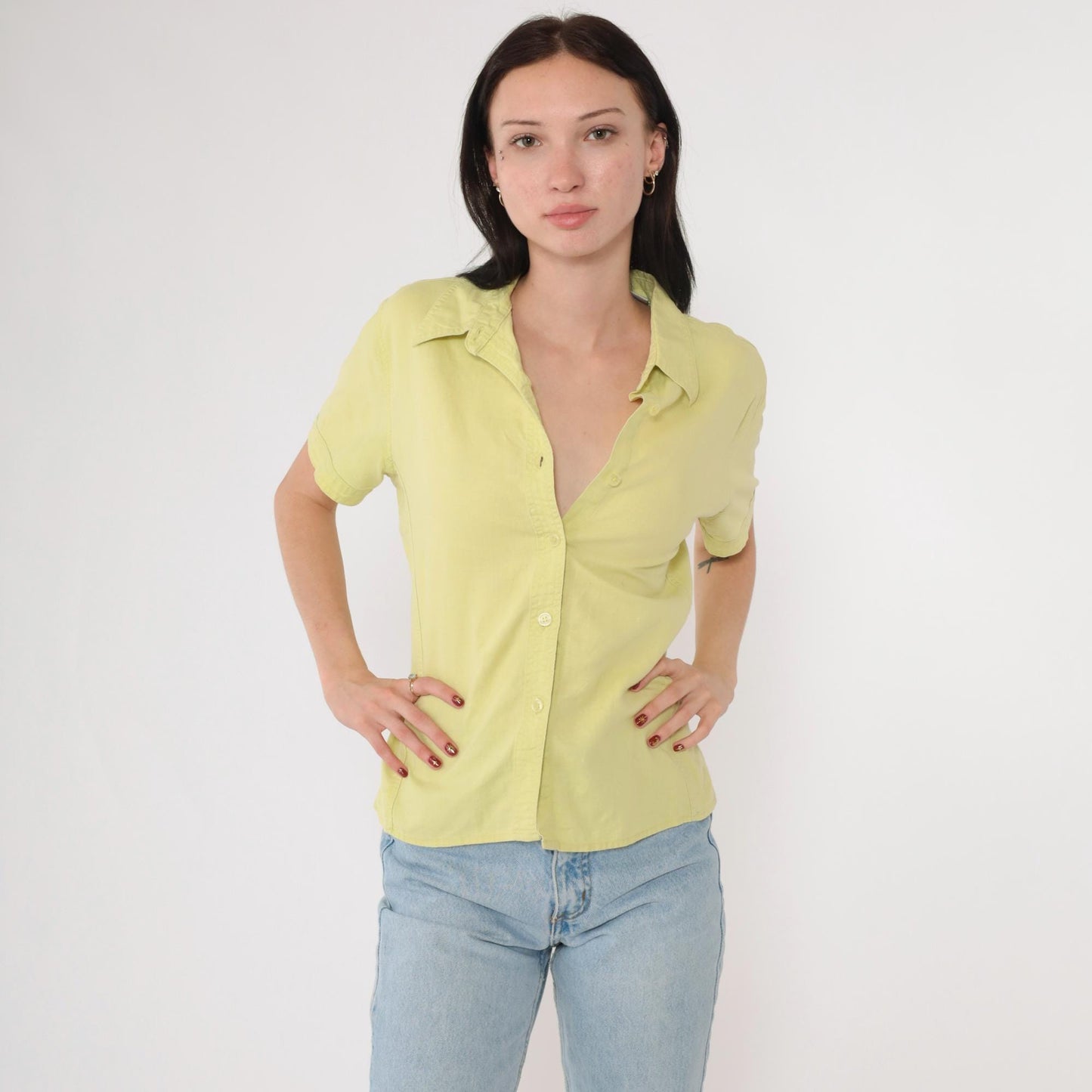 90s Bill Blass Lime Green Linen Blend Button-Up Blouse Short Sleeve Medium