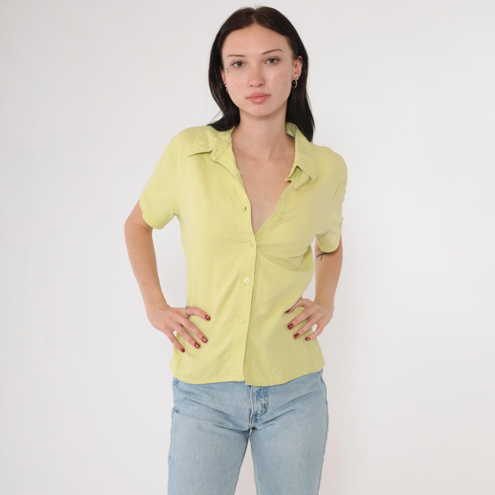 90s Bill Blass Lime Green Linen Blend Button-Up Blouse Short Sleeve Medium