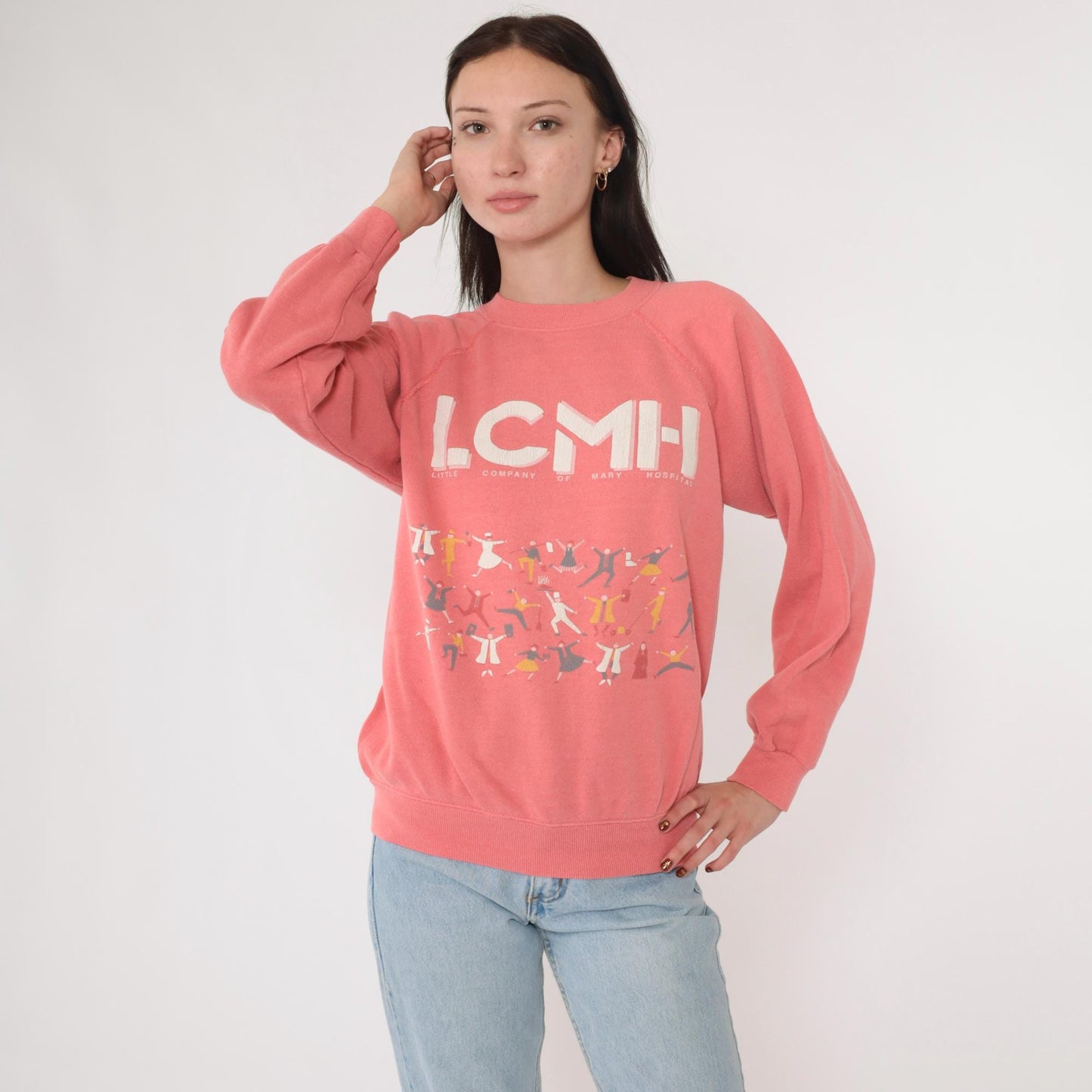 90s LCMH Little Company of Mary Hospital Graphic Raglan Sweatshirt Pink Medium