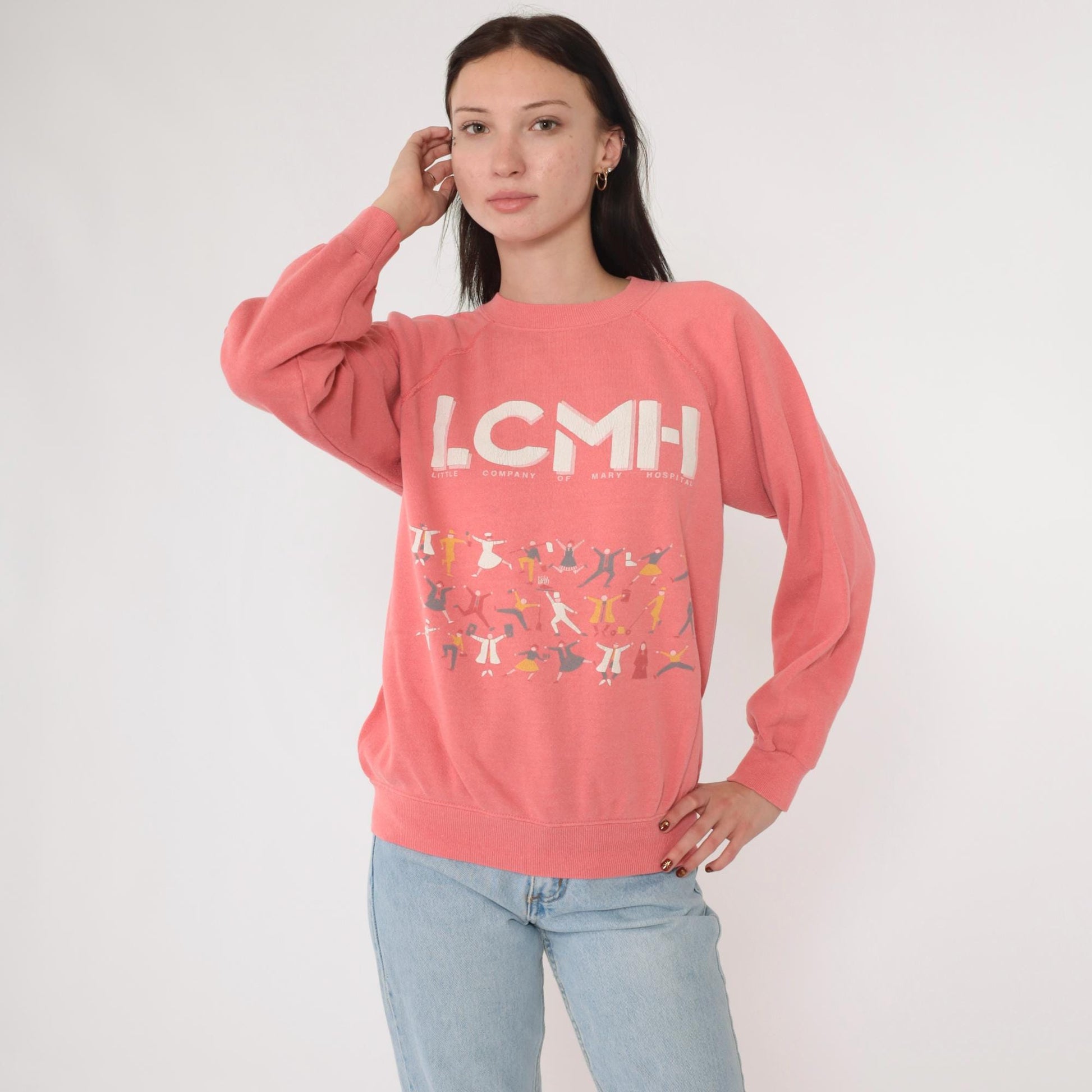 90s LCMH Little Company of Mary Hospital Graphic Raglan Sweatshirt Pink Medium