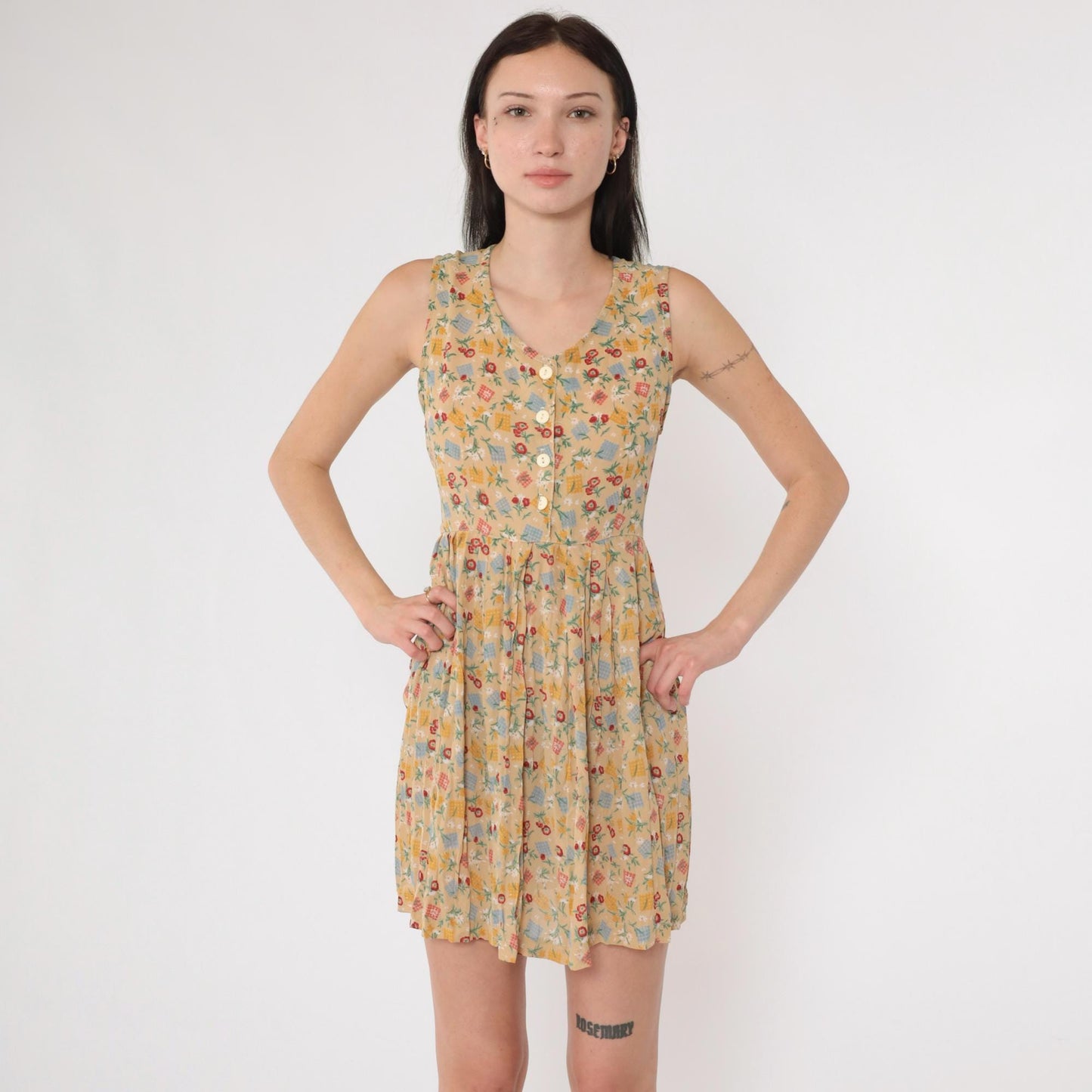 90s Floral Checkered Patchwork Mini Dress Tan Sleeveless Collared A-Line Small