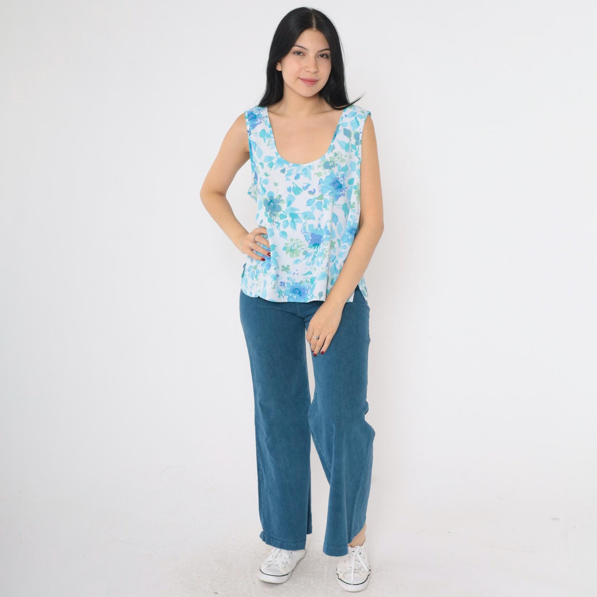 90s Apparenza Floral Tank Top Blue Abstract Print Scoop Neck Extra Large