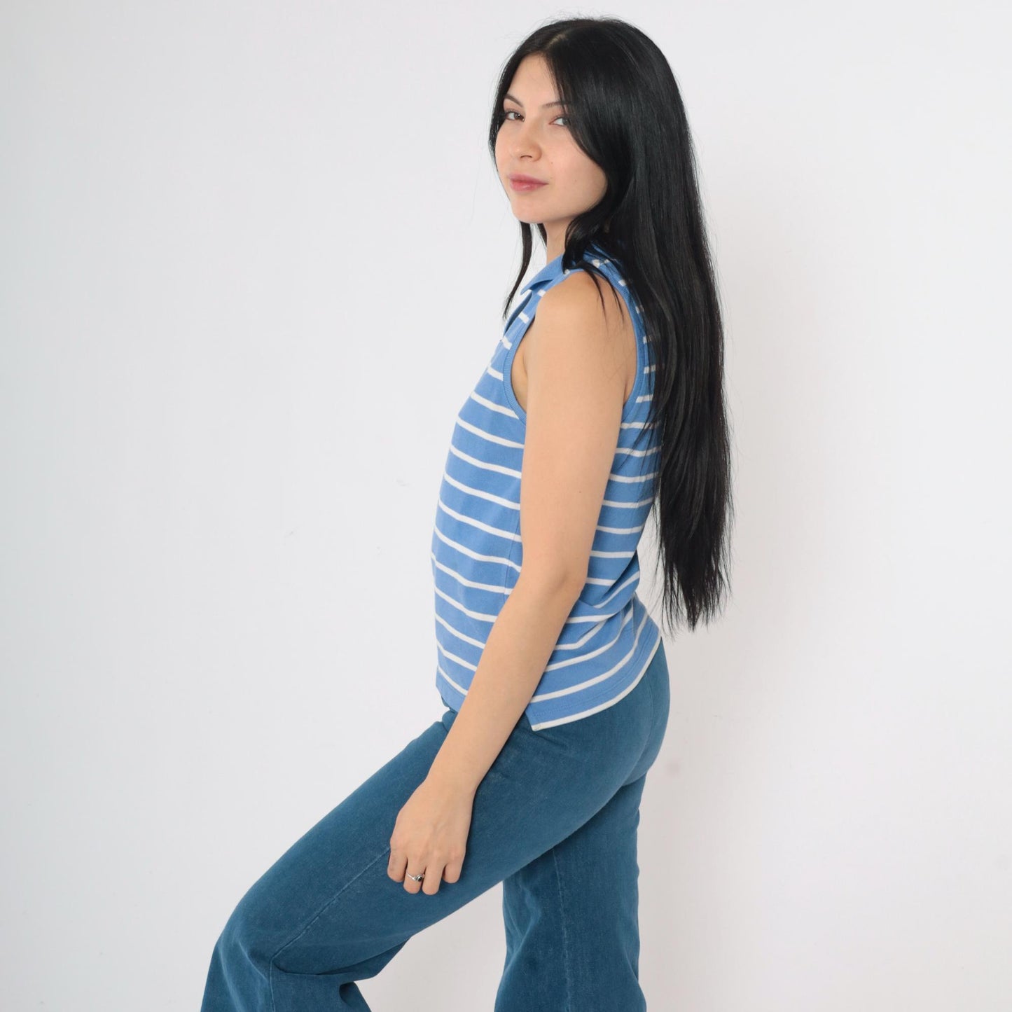 Y2K Tommy Jeans Striped Tank Top Blue White Collared V-Neck Small