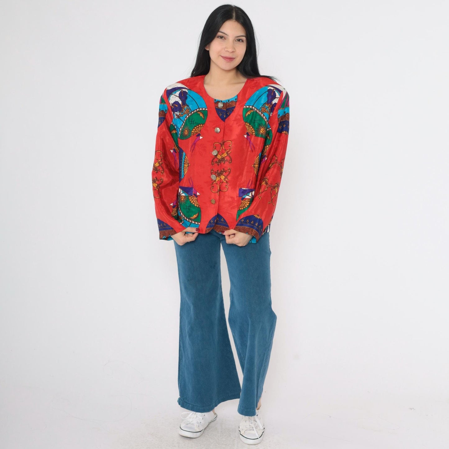 90s Hot Air Balloon Cherub Celestial Jacket Red Multicolor Button Up Medium