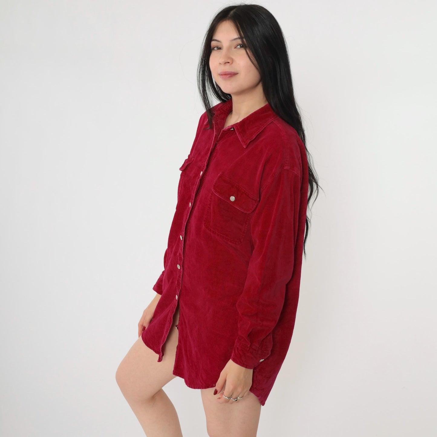 90s Red Cotton Oxford Button-Up Blouse Long Sleeve Chest Pocket Small