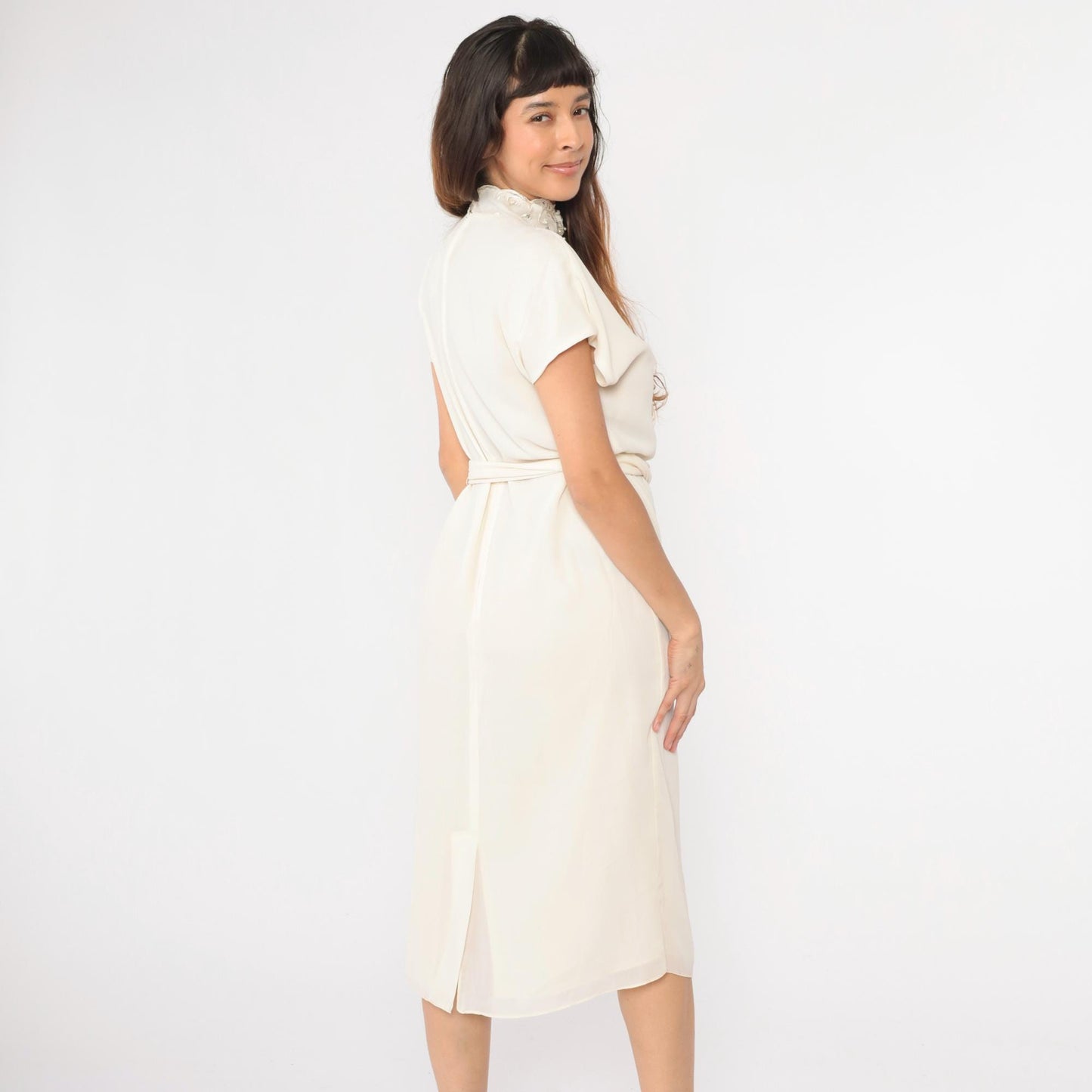 80s Patra Cream Floral Embroidered Beaded Midi Dress Dolman Sleeve Small