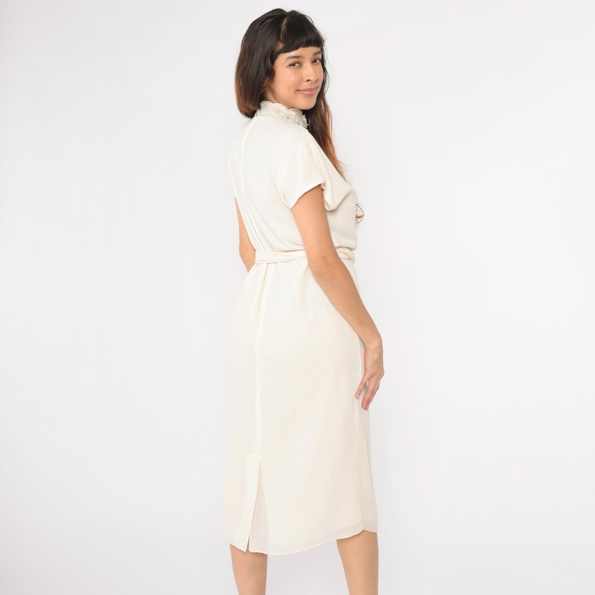 80s Patra Cream Floral Embroidered Beaded Midi Dress Dolman Sleeve Small
